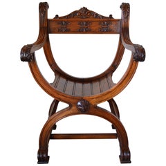 French Carved Walnut Curule or Armchair, Renaissance Revival, circa 1880