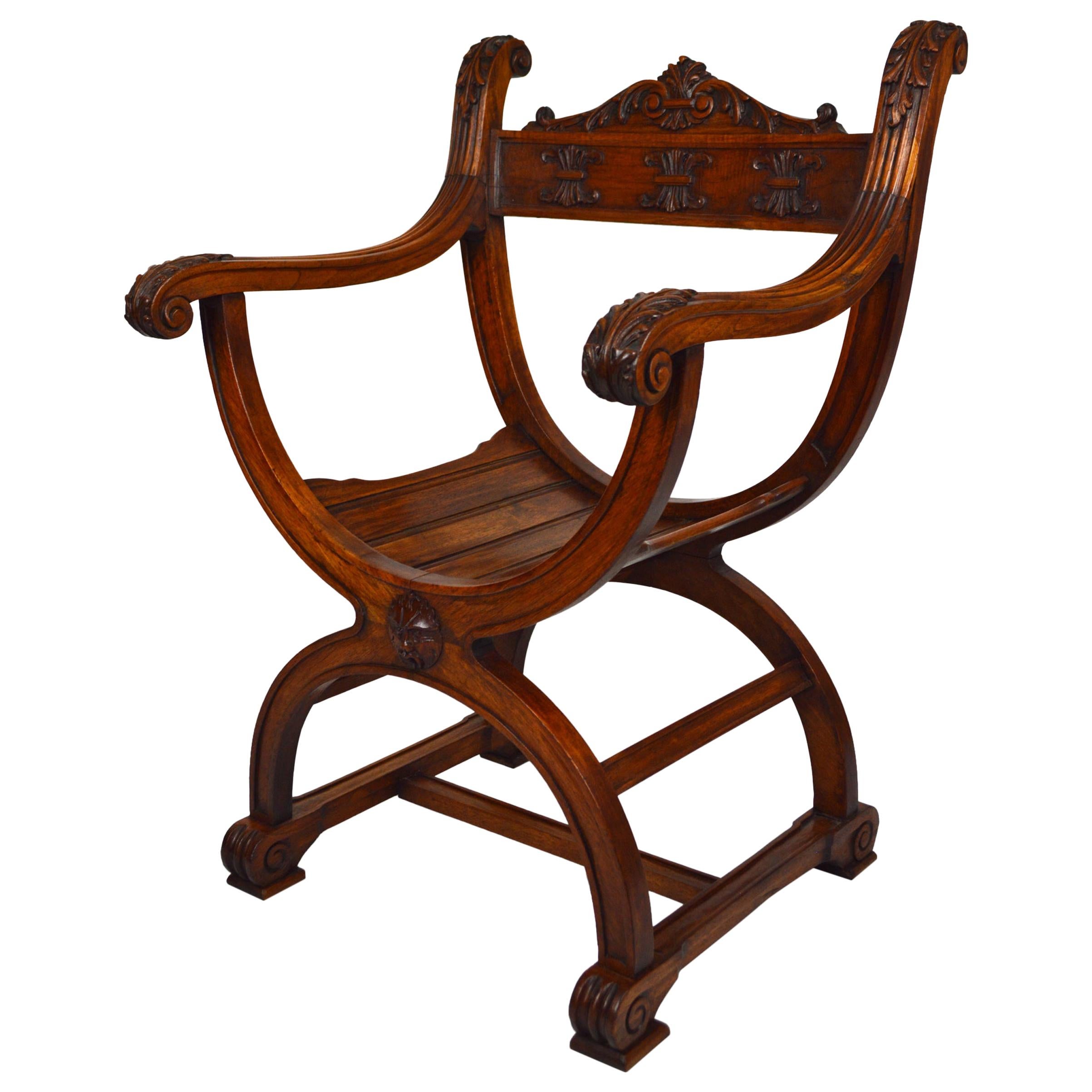 French Carved Walnut Curule or Armchair, Renaissance Revival, circa 1880 For Sale