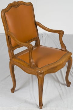 French Carved Walnut Leather Desk Armchair Fauteuil