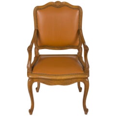 French Carved Walnut Leather Desk Armchair Fauteuil