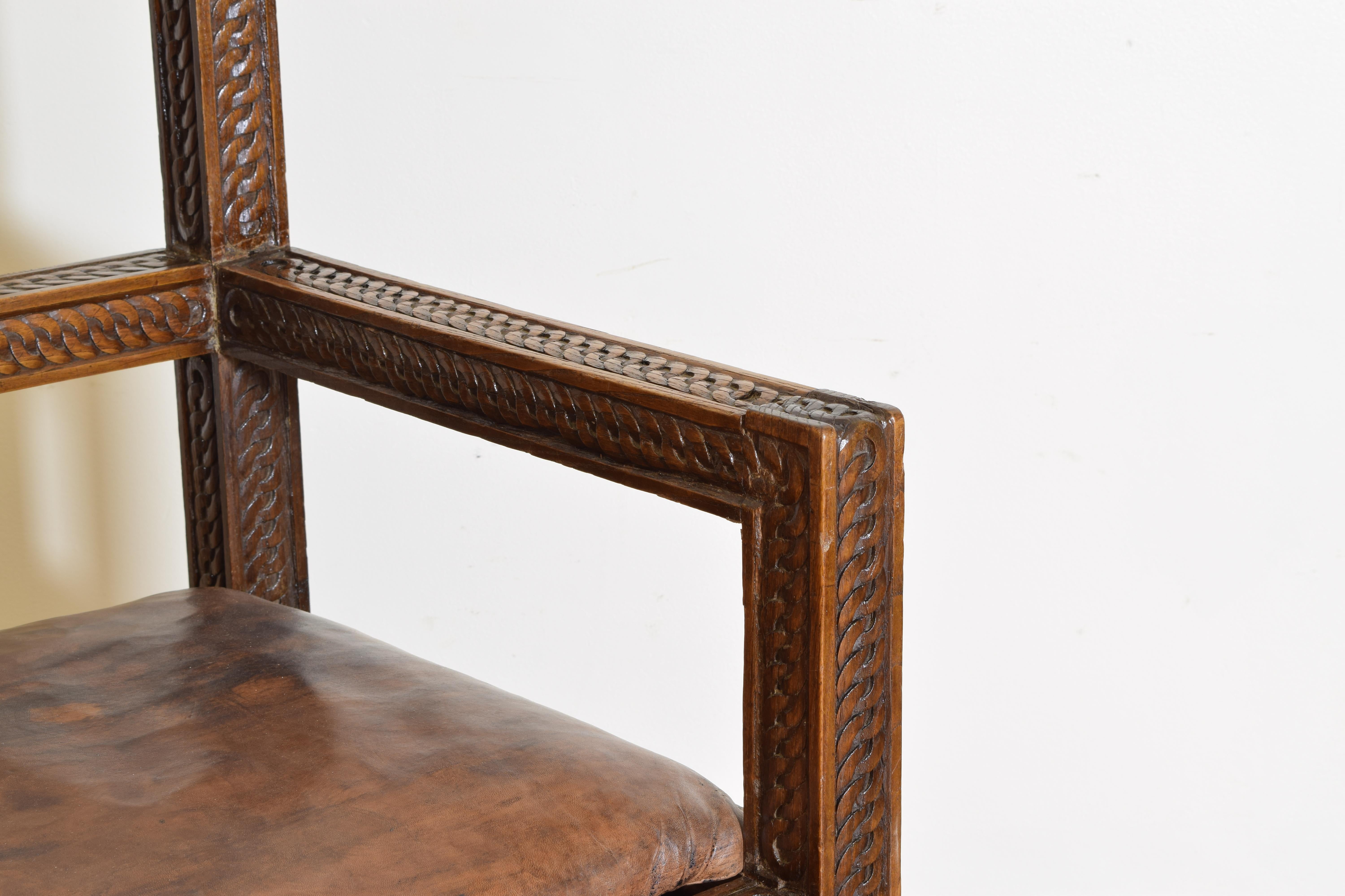 French Carved Walnut & Leather Upholstered Armchair, Mid 20th century For Sale 3