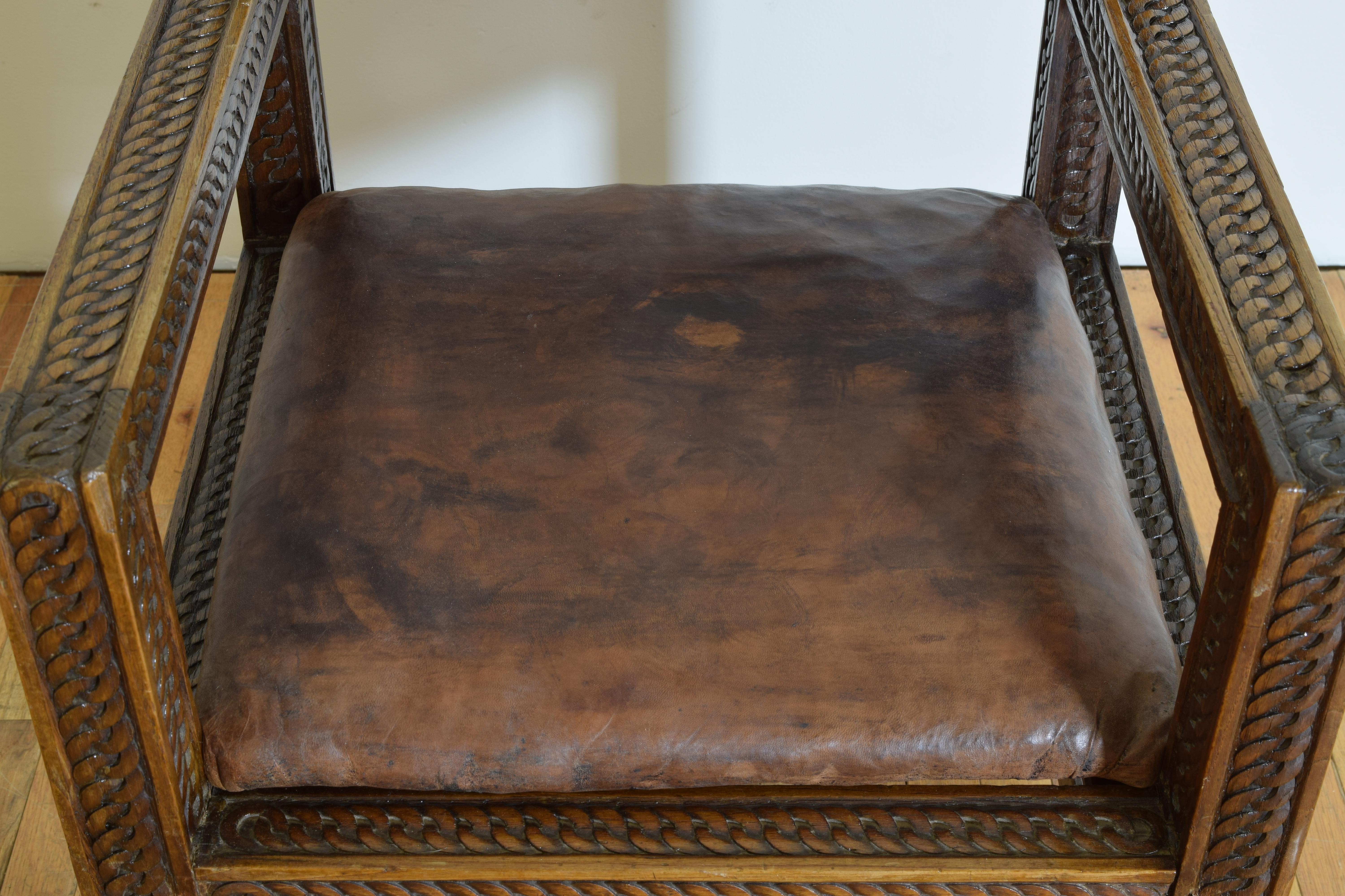 French Carved Walnut & Leather Upholstered Armchair, Mid 20th century For Sale 4