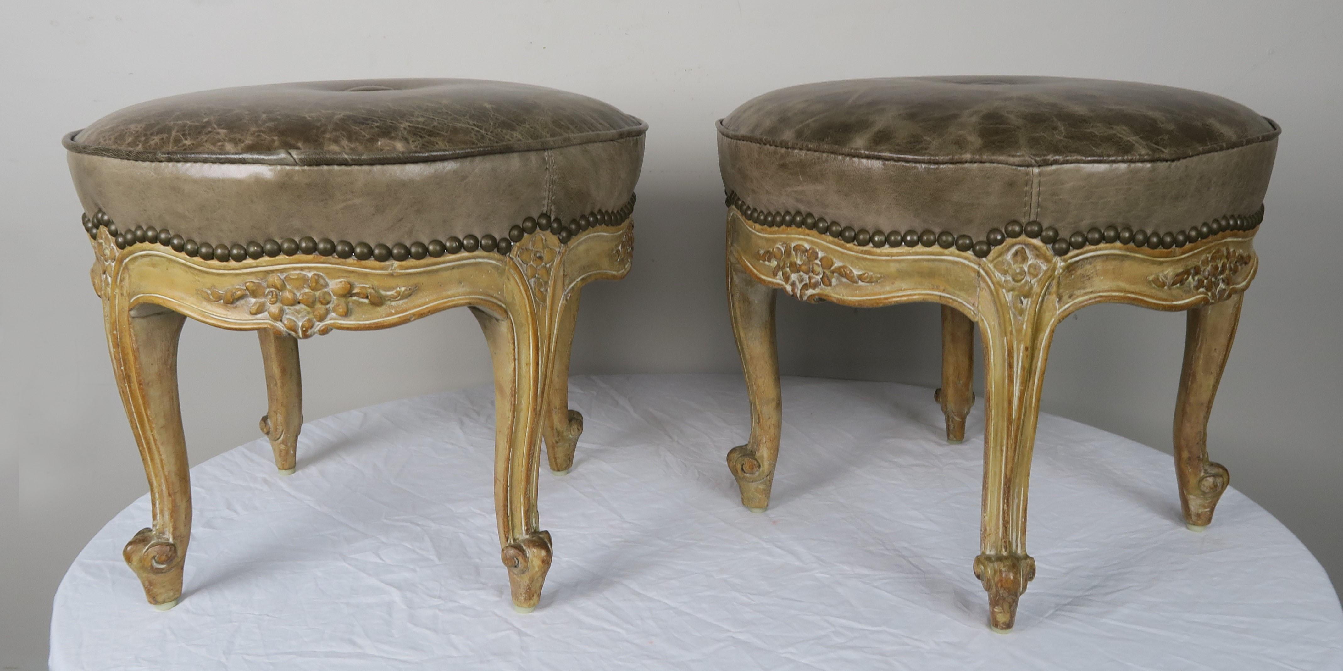 French Carved Walnut Leather Upholstered Stools, circa 1930s, Pair 5