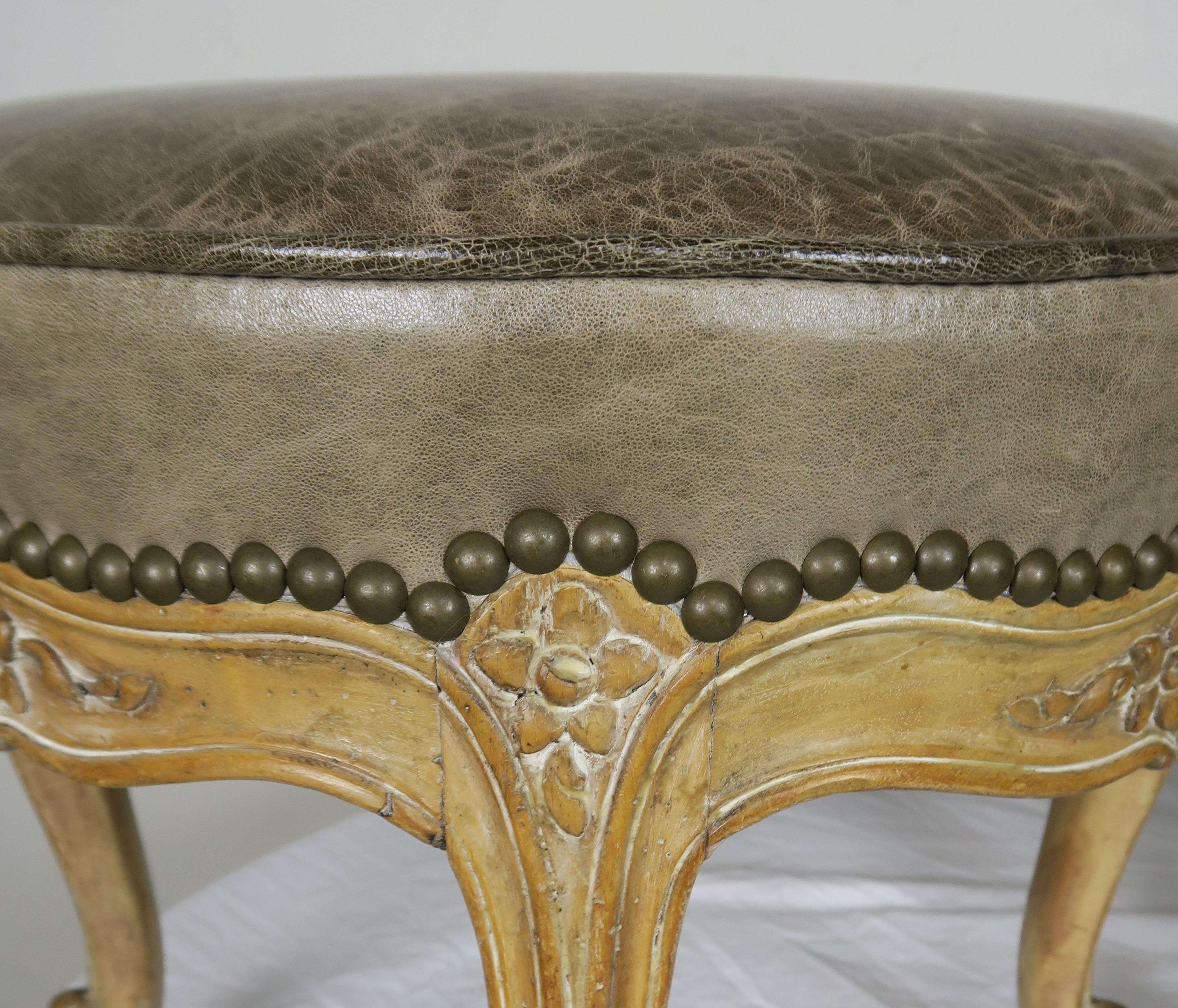 French Carved Walnut Leather Upholstered Stools, circa 1930s, Pair 2