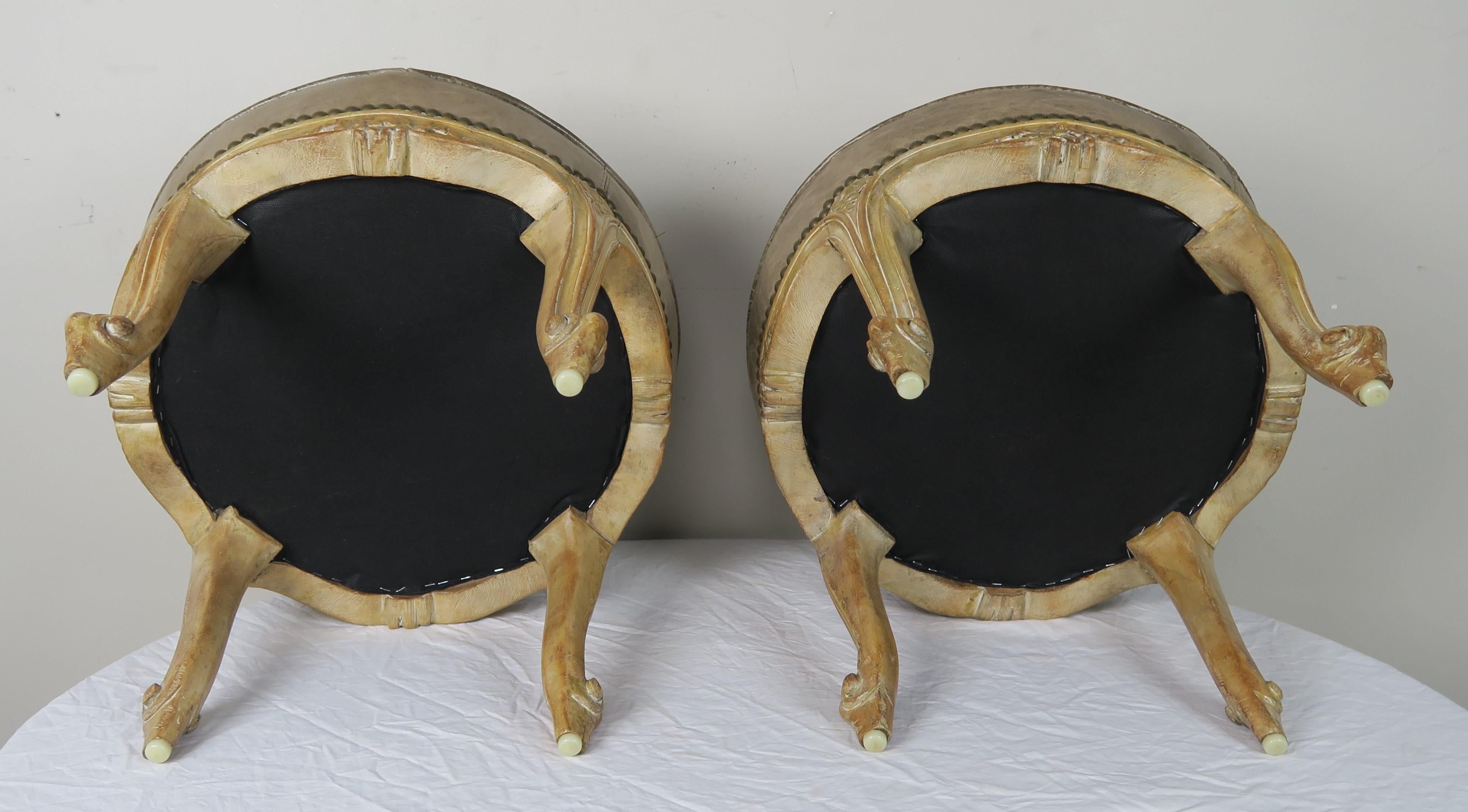 French Carved Walnut Leather Upholstered Stools, circa 1930s, Pair 3
