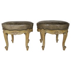 French Carved Walnut Leather Upholstered Stools, circa 1930s, Pair French Carved Walnut Leather Upholstered Stools, circa 1930s, Pair