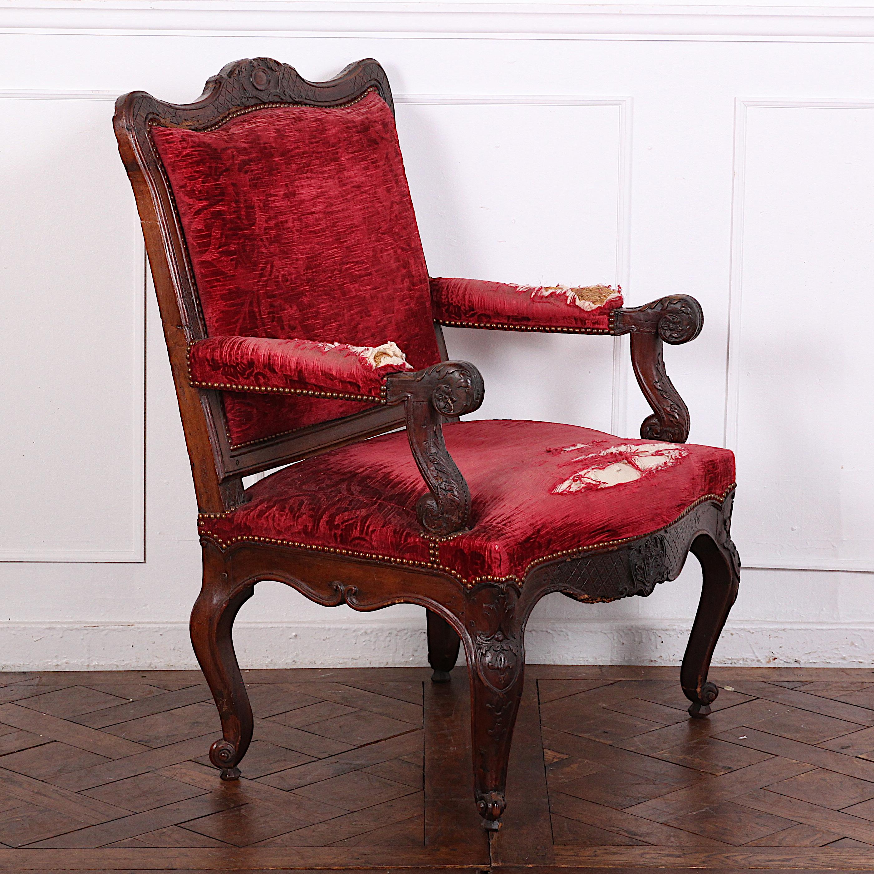 Mid-18th Century French Carved Walnut Period Louis XV Armchair Fauteuil