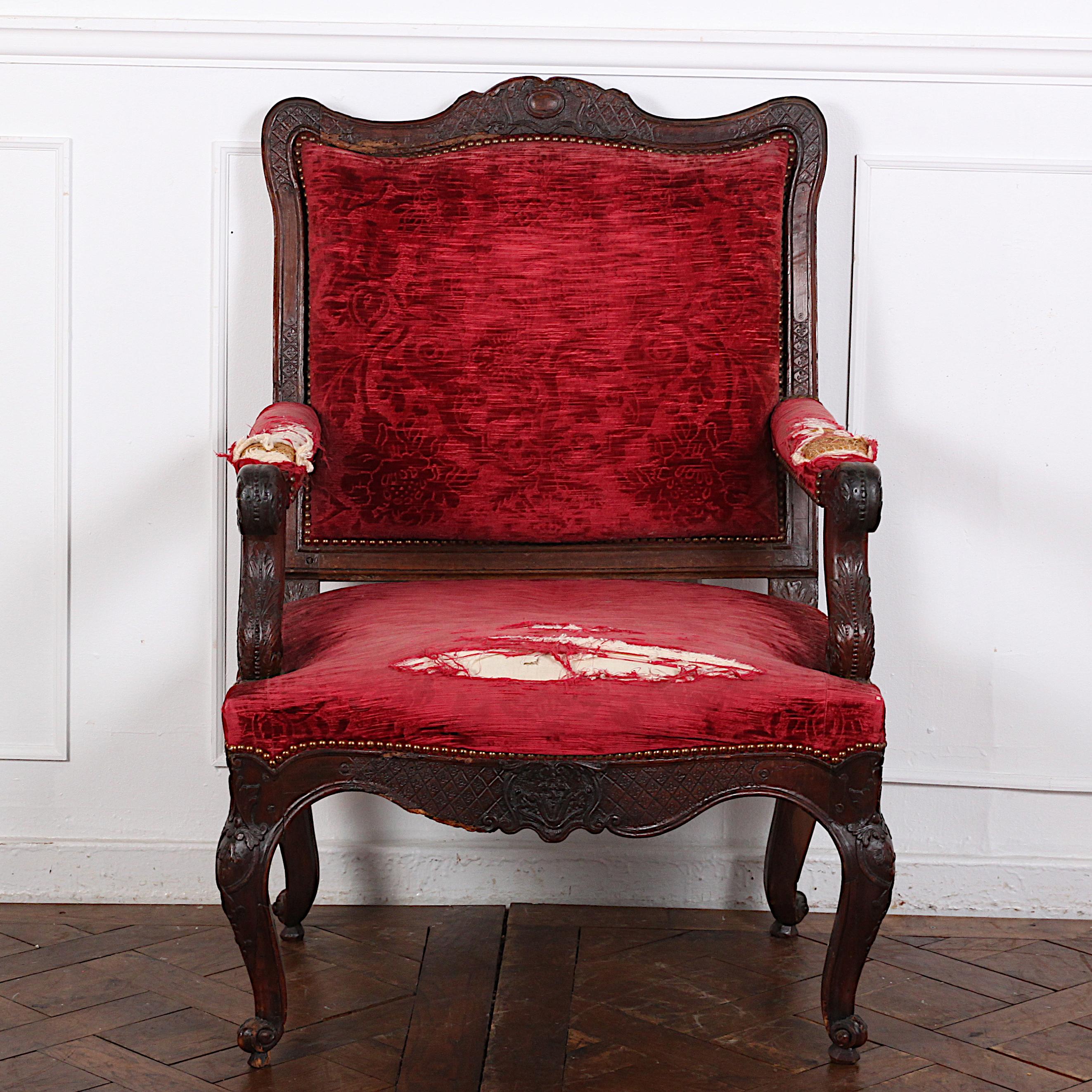 French Carved Walnut Period Louis XV Armchair Fauteuil 2