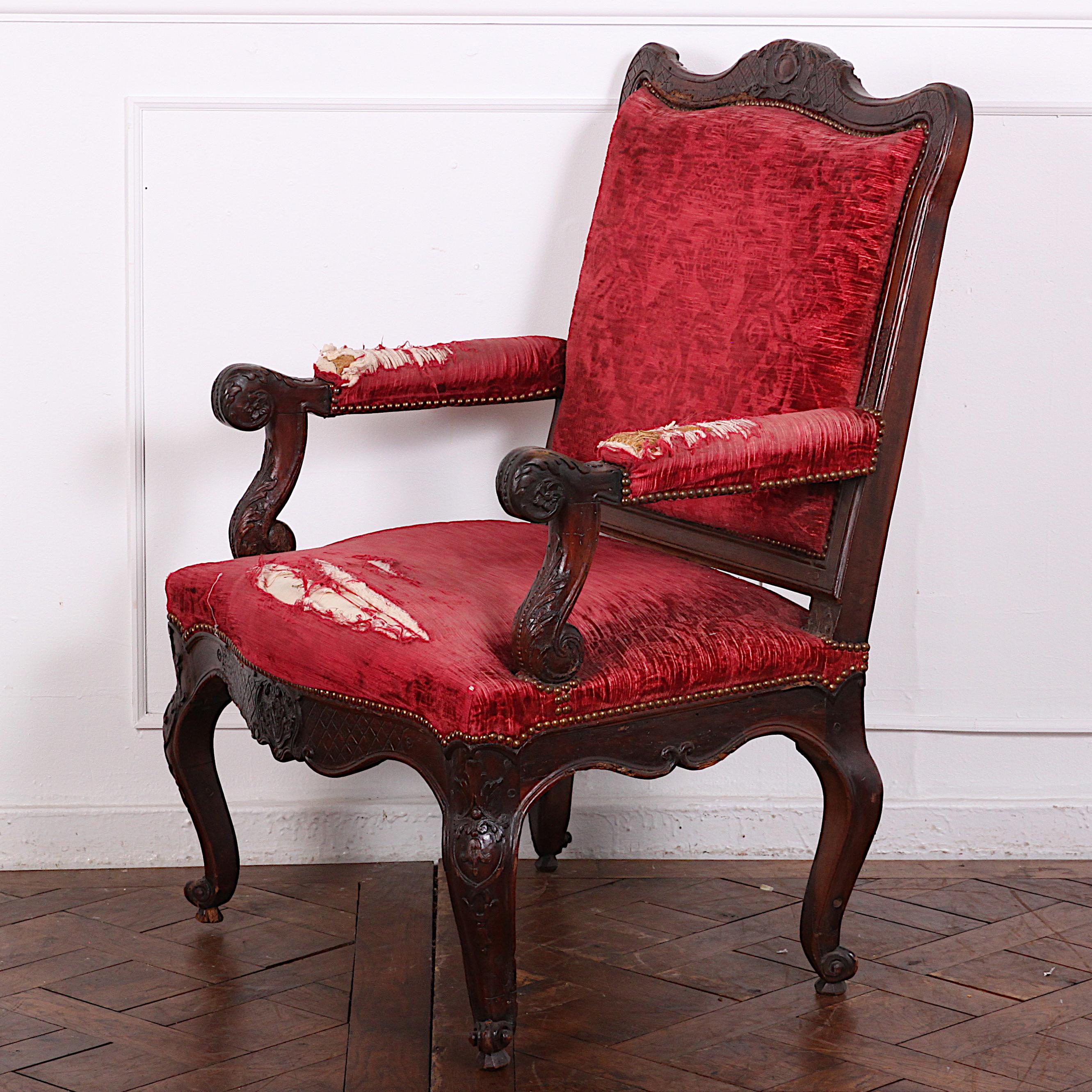 French Carved Walnut Period Louis XV Armchair Fauteuil 3