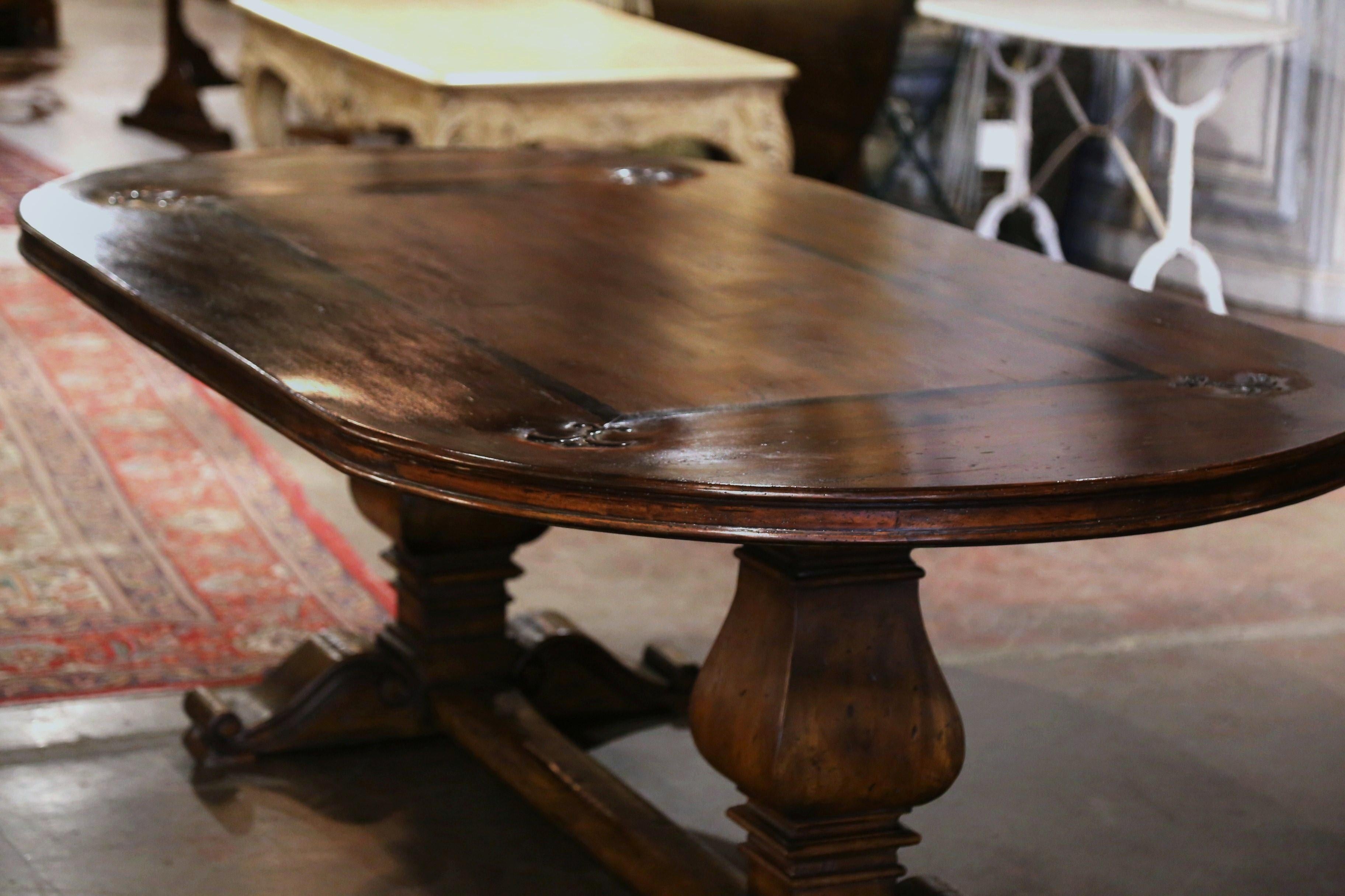 French Carved Walnut with Inlay Decor and Fleur-de-lys Trestle Dining Table For Sale 3