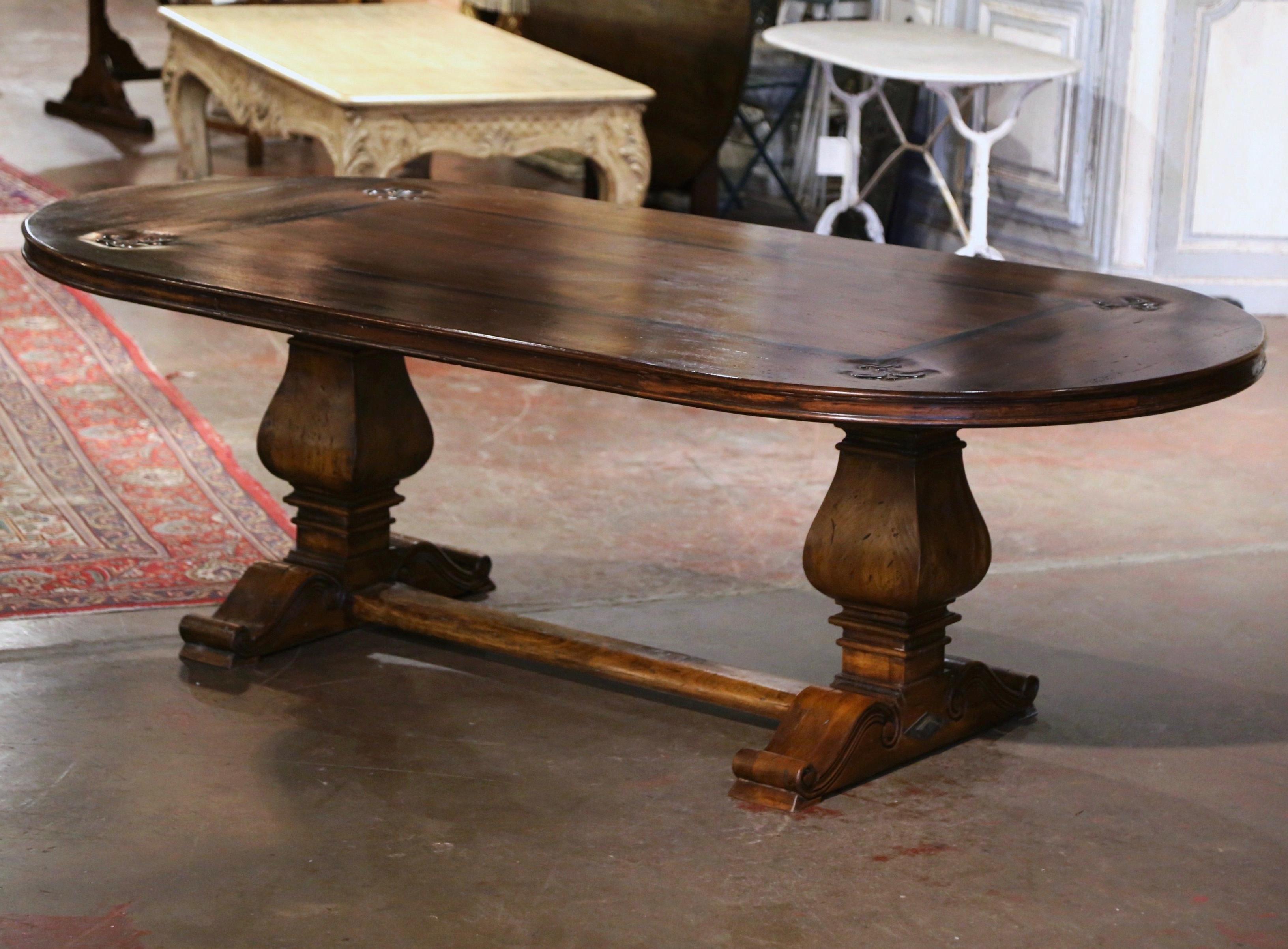Patinated French Carved Walnut with Inlay Decor and Fleur-de-lys Trestle Dining Table For Sale