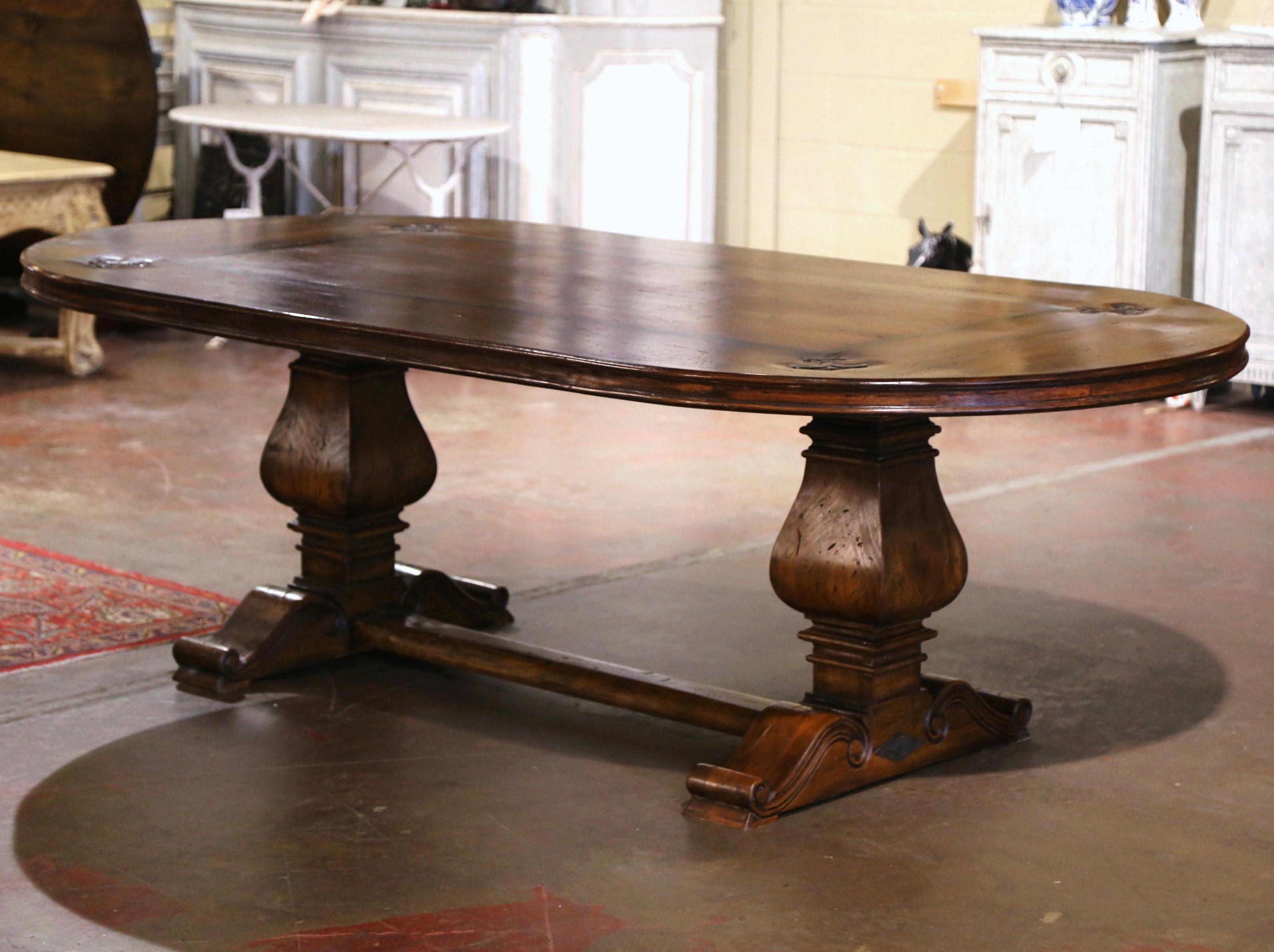 French Carved Walnut with Inlay Decor and Fleur-de-lys Trestle Dining Table For Sale 2