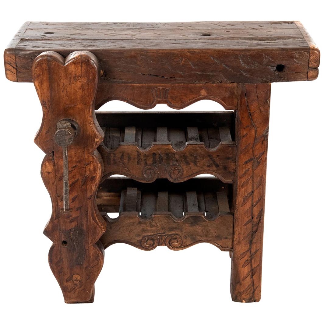 French Carved Walnut Work Bench with Wine Rack and Clamp for Sabering Champagne