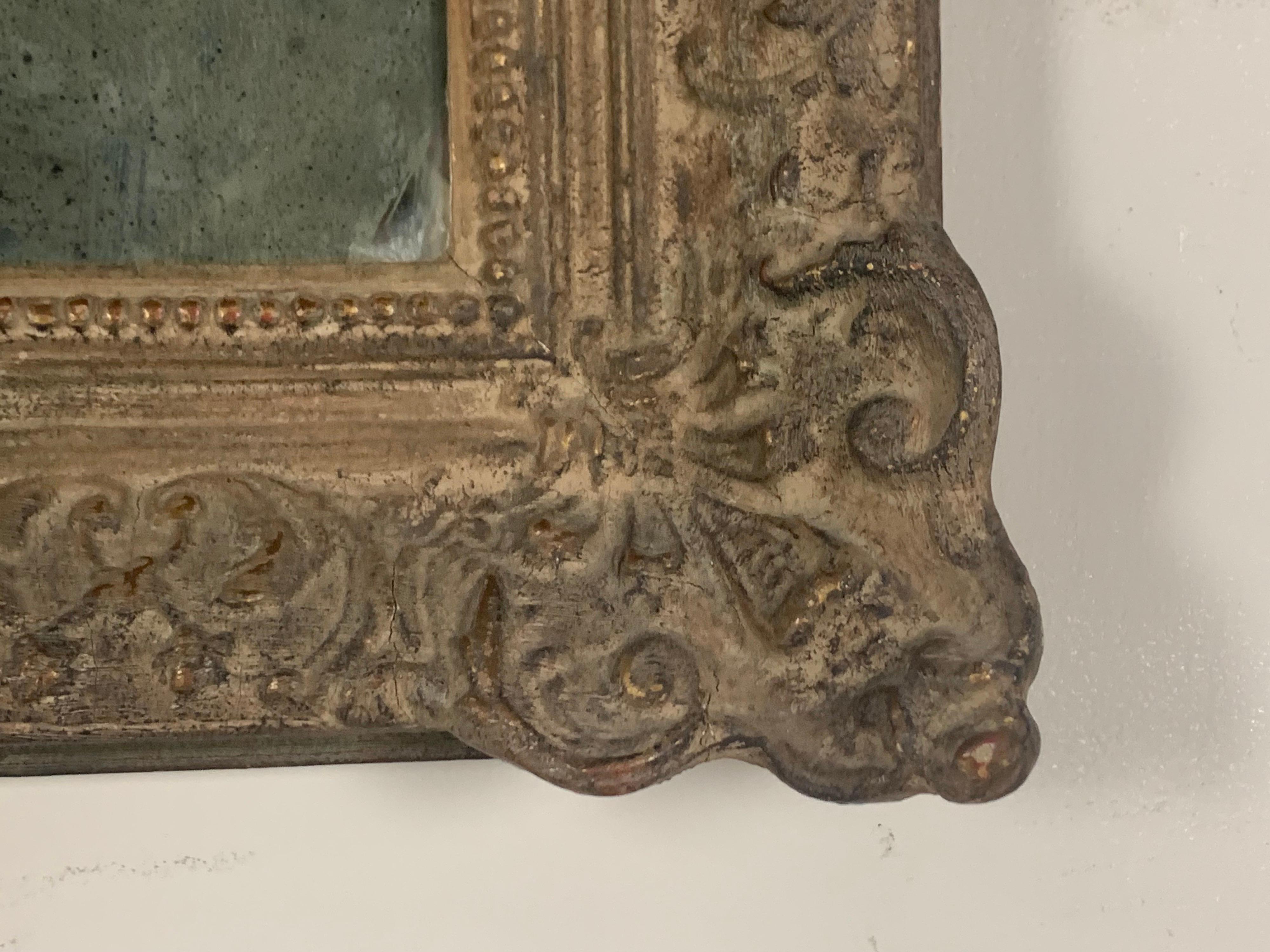 French Carved Wood and Gesso Mirror W/ Antiqued Mirror In Distressed Condition In Los Angeles, CA