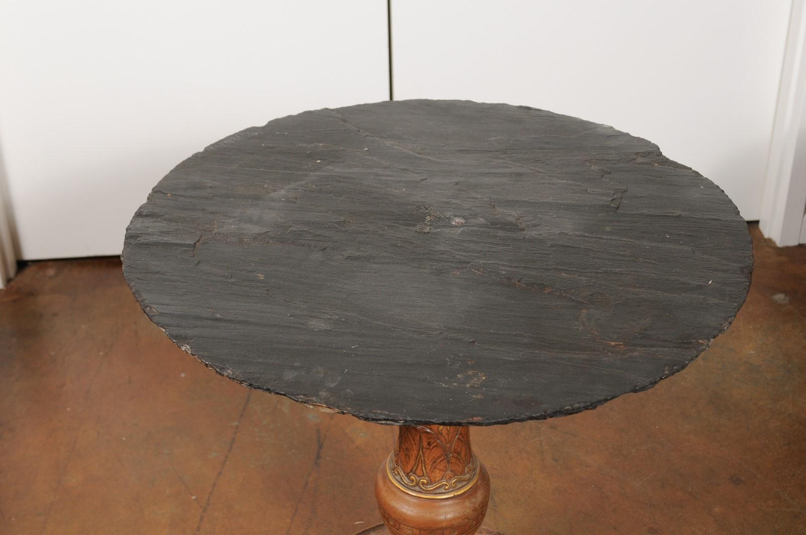 Slate French Carved Wood and Parcel-Gilt Pedestal Side Table with Waterleaf Motifs