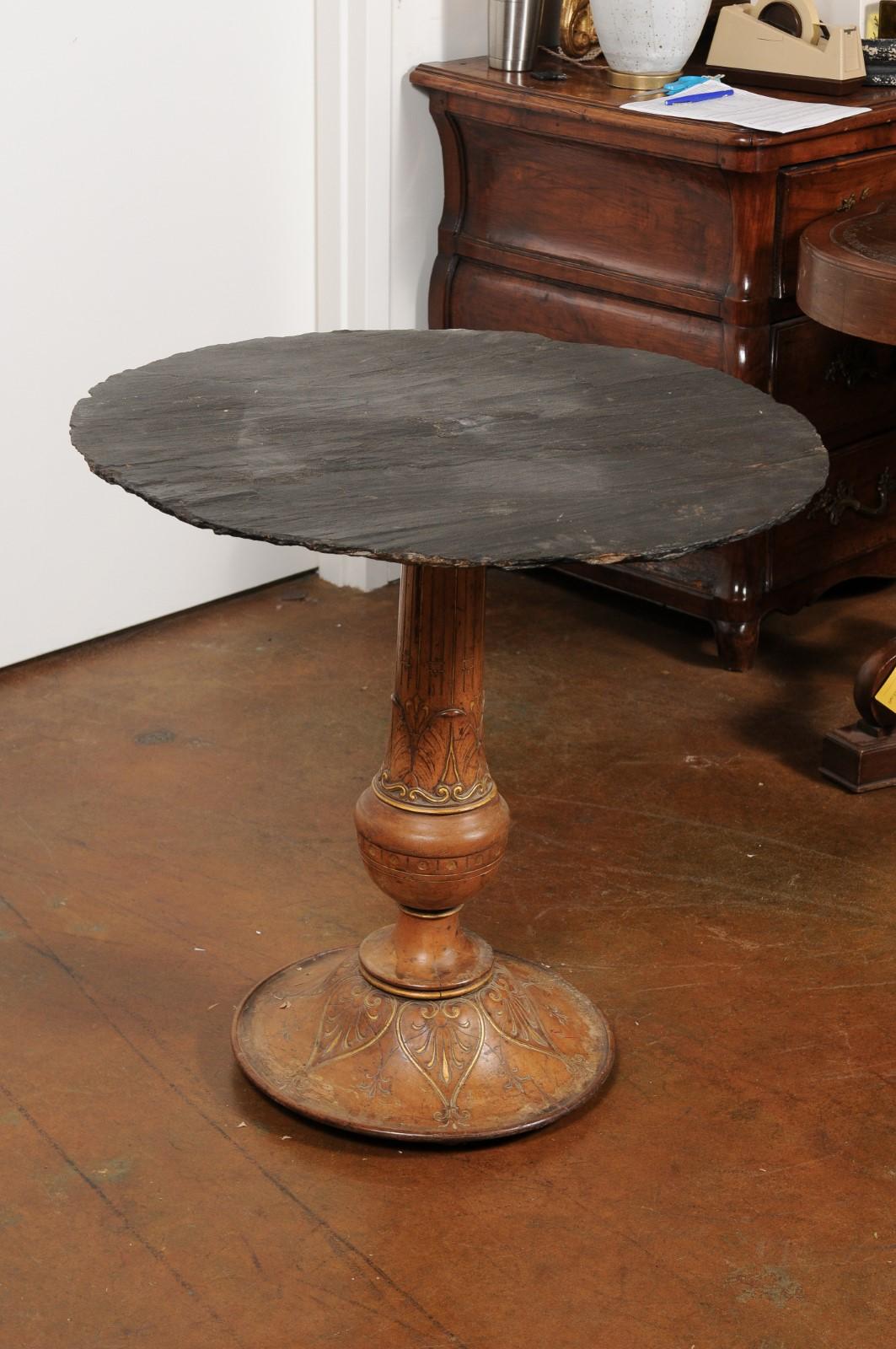French Carved Wood and Parcel-Gilt Pedestal Side Table with Waterleaf Motifs 1