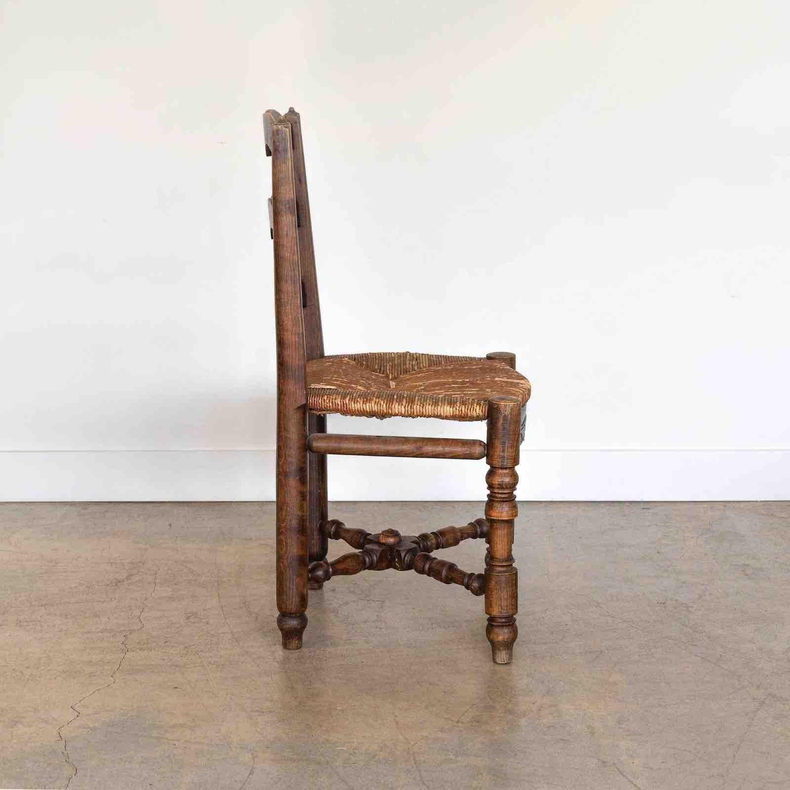 Rush French Carved Wood and Woven Chair For Sale
