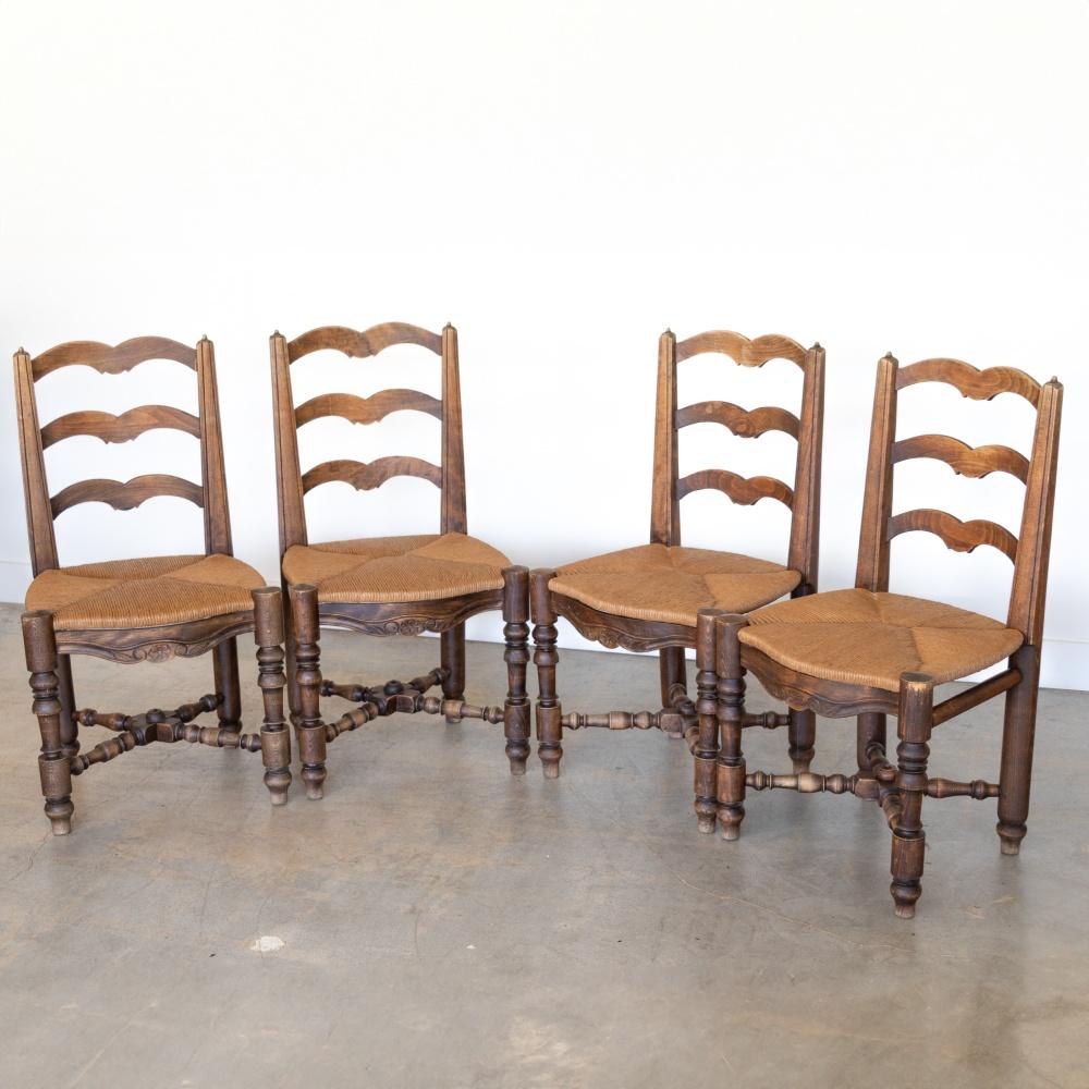 20th Century French Carved Wood and Woven Chairs, Set of 4 For Sale