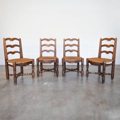 Vintage French Carved Wood and Woven Chairs, Set of 4