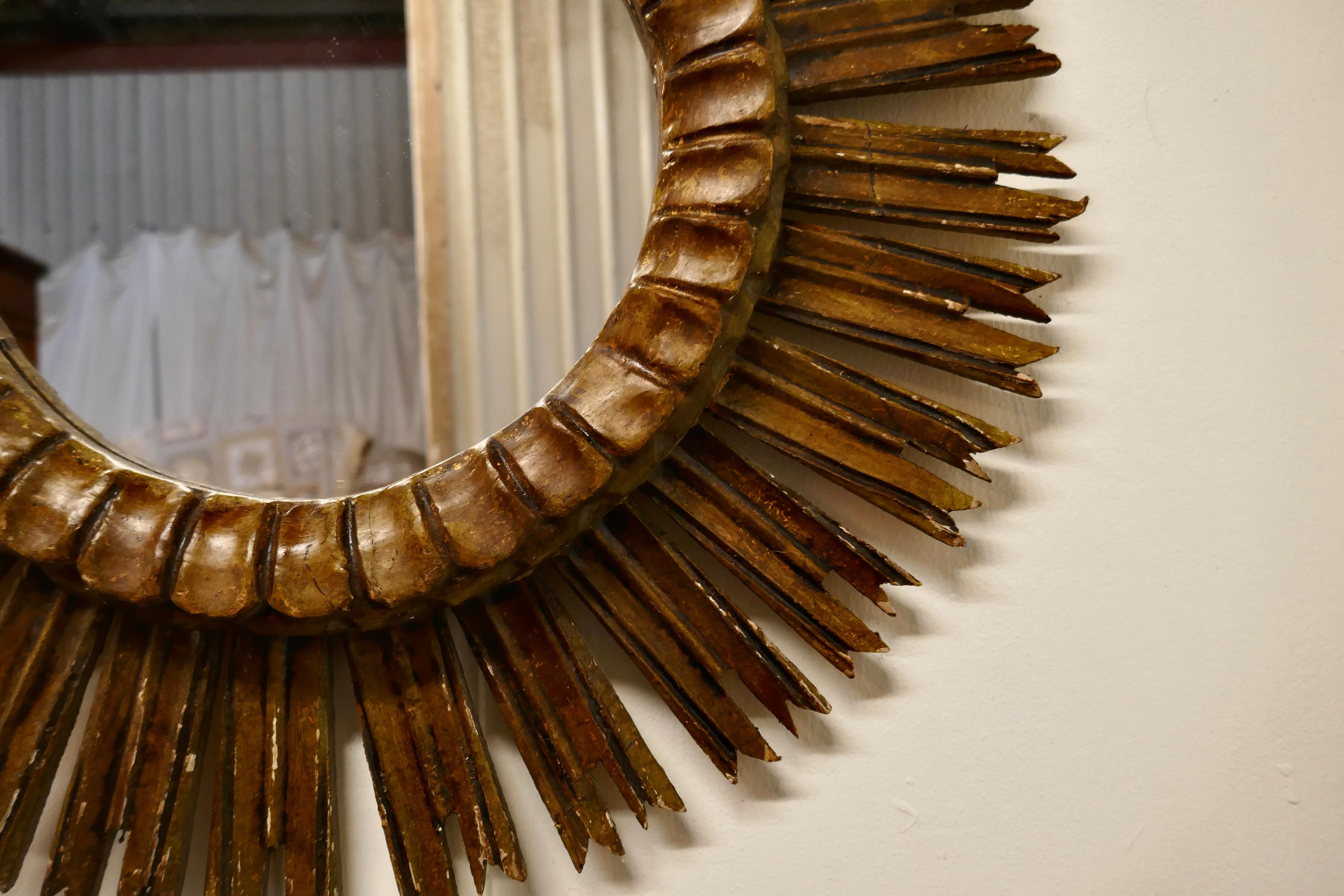 20th Century French Carved Wood Art Deco Odeon Style Sunburst Mirror
