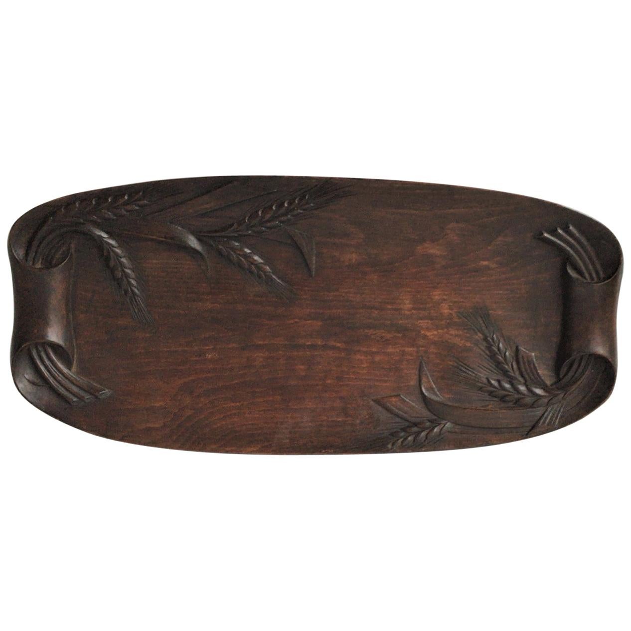 Large French Carved Wood Bread Platter with Ear of Wheat, circa 1900