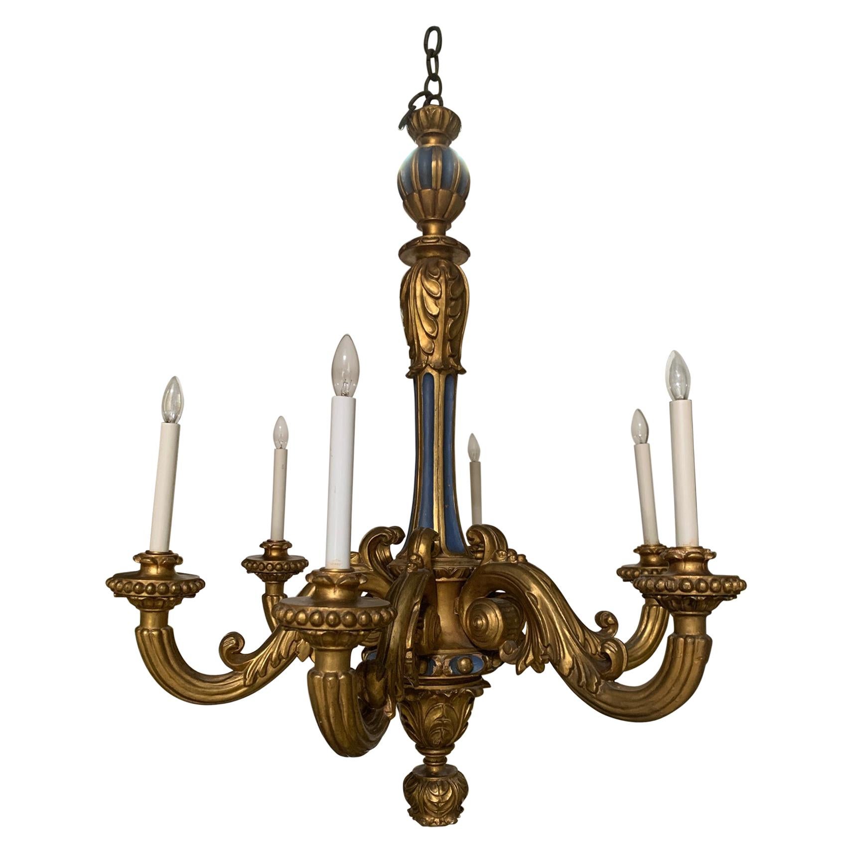 French Carved Wood Chandelier with a Gold Leaf and Blue Painted Finish For Sale