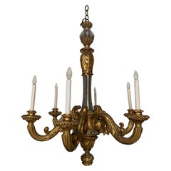 Antique French Carved Wood Chandelier with a Gold Leaf and Blue Painted Finish