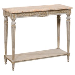 French Carved Wood Console w/Marble Top and a Secondary, Lower Shelf