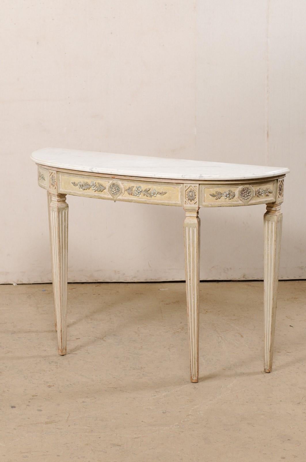 French Carved Wood Demi-lune Console Table w/Original Marble Top, Mid 20th C. 6