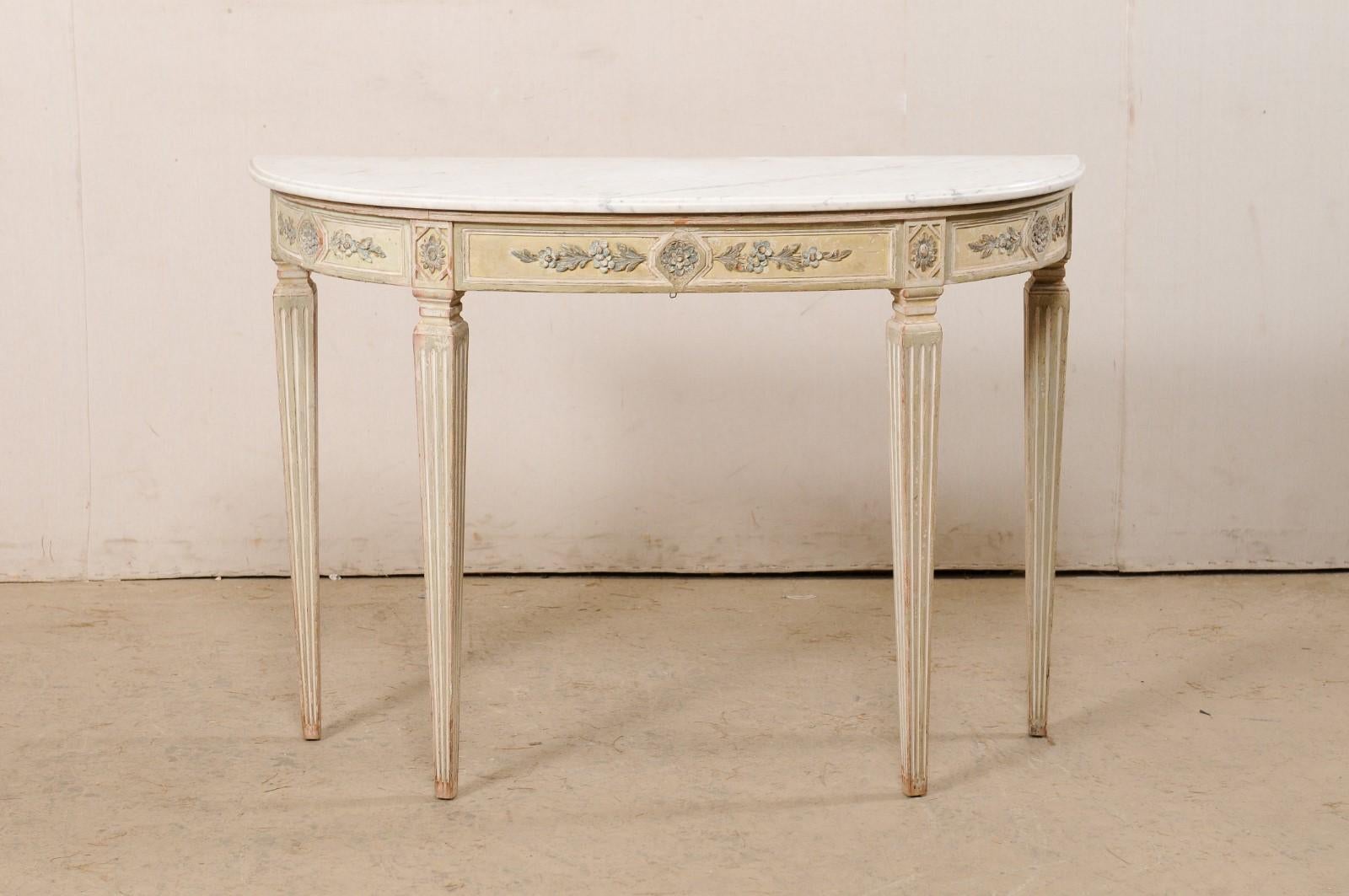 French Carved Wood Demi-lune Console Table w/Original Marble Top, Mid 20th C. 7