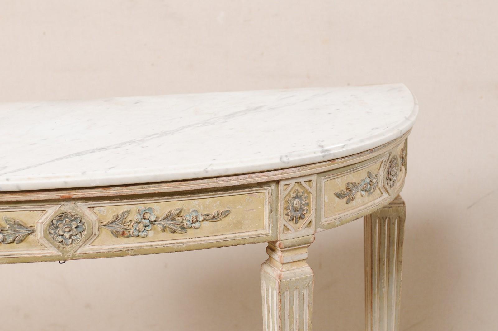 French Carved Wood Demi-lune Console Table w/Original Marble Top, Mid 20th C. In Good Condition In Atlanta, GA