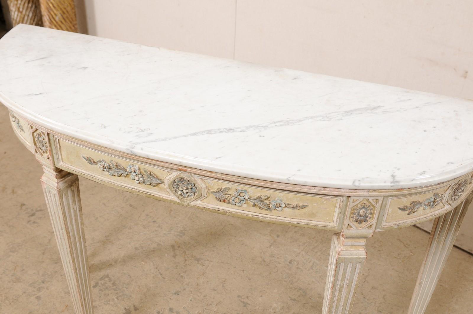 20th Century French Carved Wood Demi-lune Console Table w/Original Marble Top, Mid 20th C.