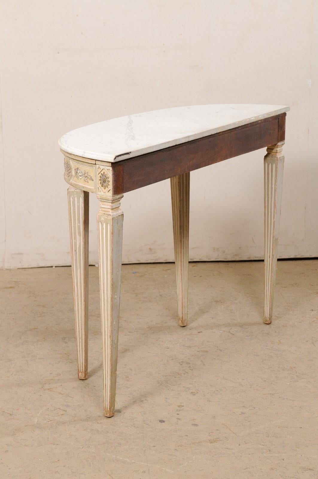 French Carved Wood Demi-lune Console Table w/Original Marble Top, Mid 20th C. 4