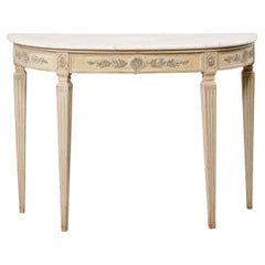 French Carved Wood Demi-lune Console Table w/Original Marble Top, Mid 20th C.