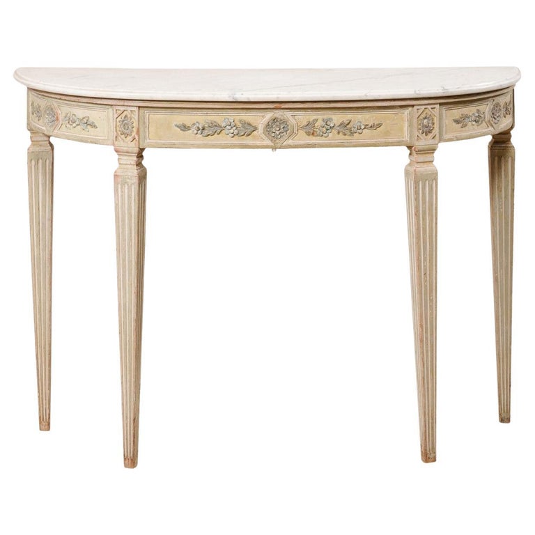 French Carved Wood Demilune Console Table w/Original Marble Top, Mid
