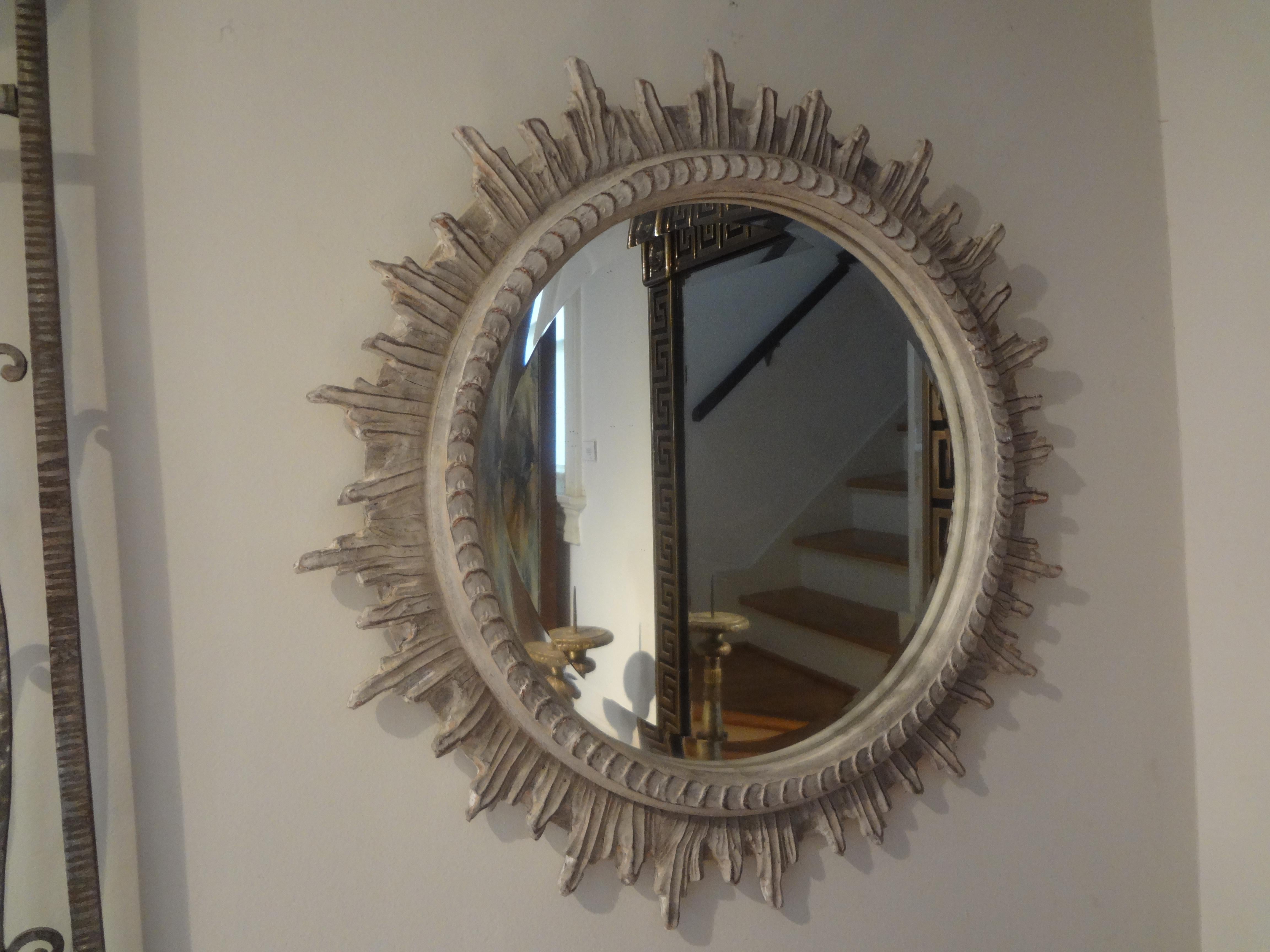 Late 20th Century French Carved Wood Paint Decorated Beveled Sunburst Mirror For Sale