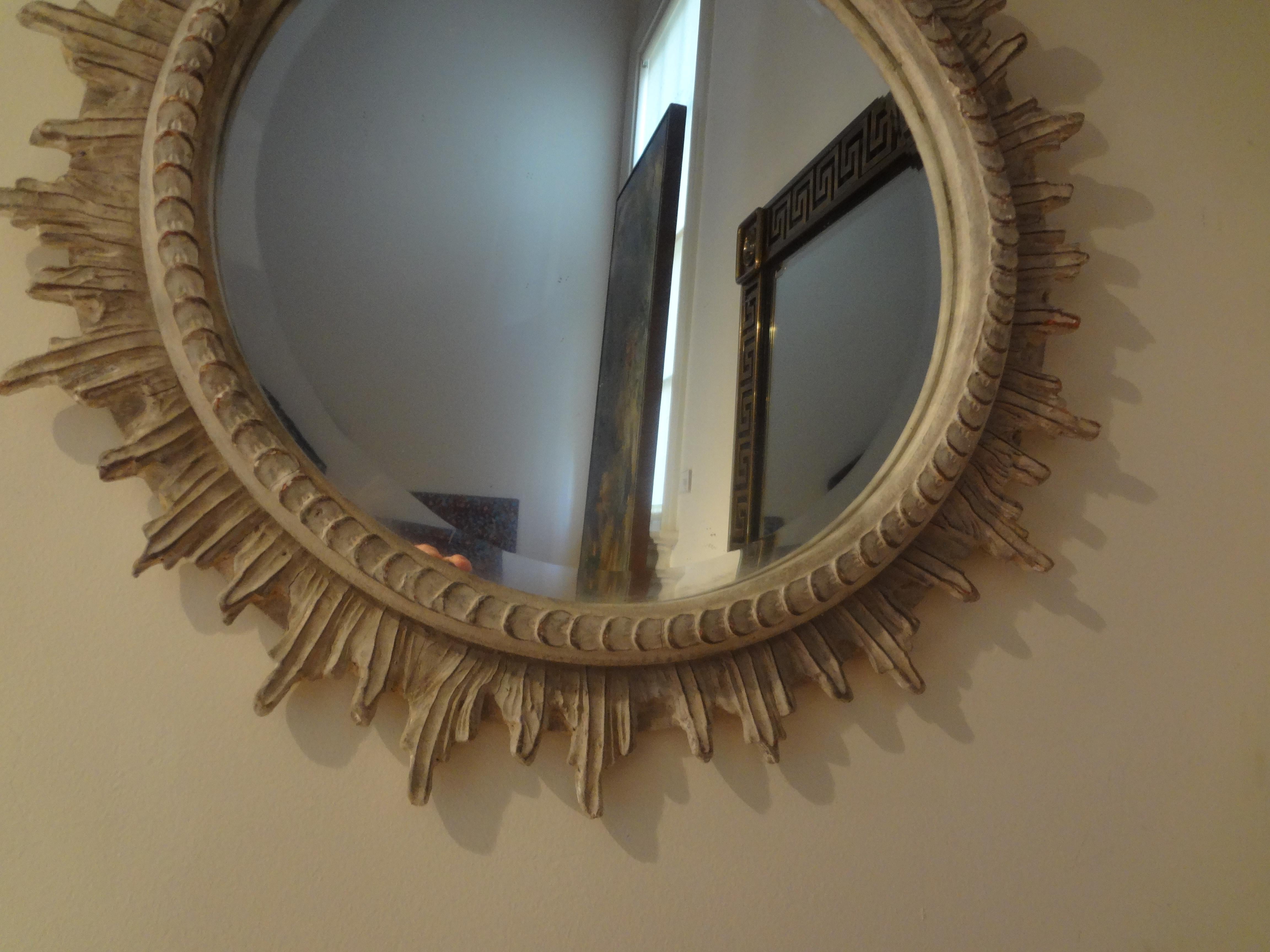 French Carved Wood Paint Decorated Beveled Sunburst Mirror For Sale 2