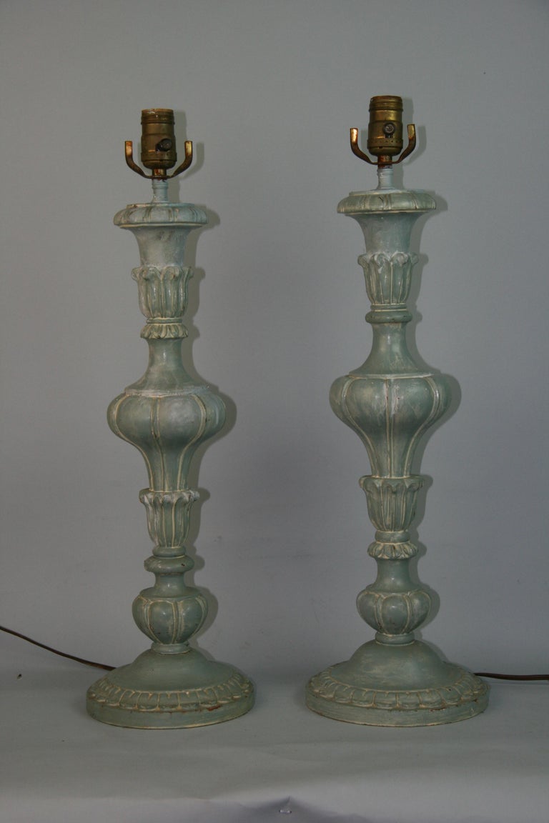 French Carved Wood French Blue Painted Pair Lamps, 1960's For Sale at 1stDibs