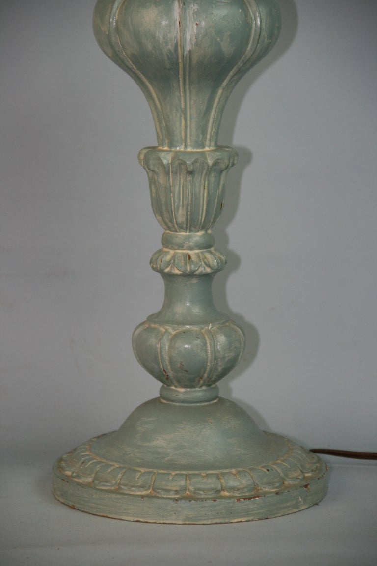 French Carved Wood French Blue Painted Pair Lamps, 1960's For Sale at 1stDibs