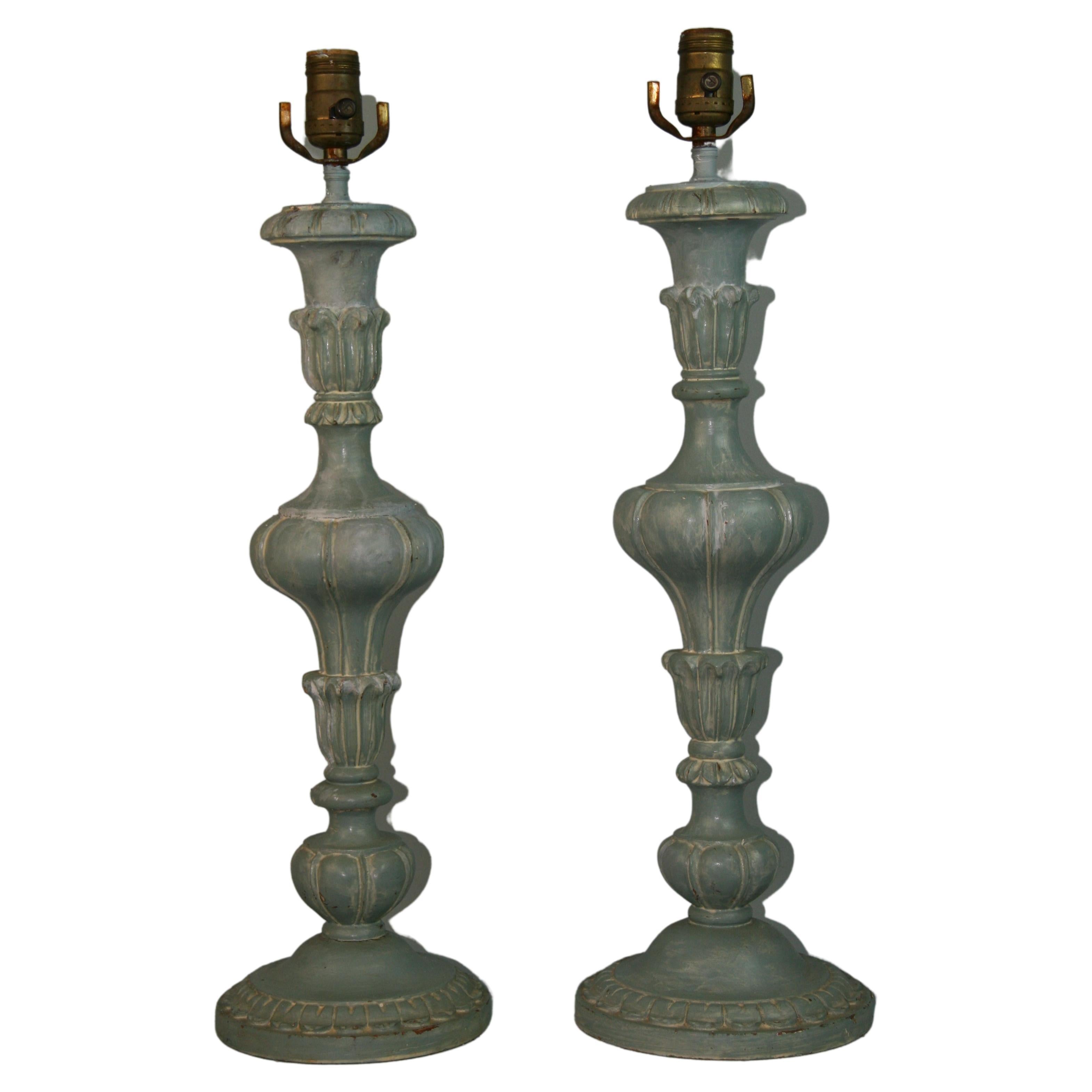 French Carved Wood French Blue Painted Pair Lamps, 1960's For Sale