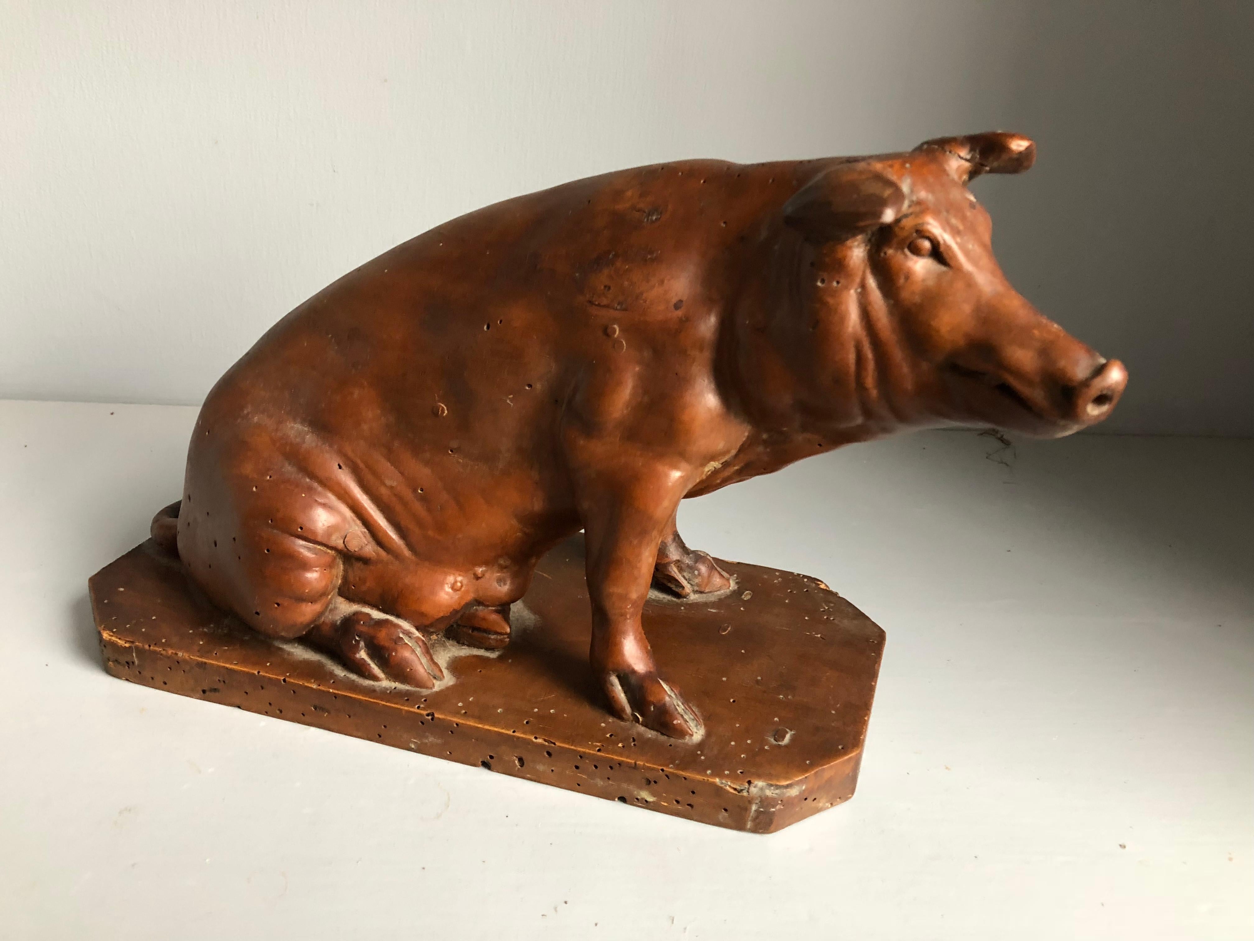 French Carved Wood Pig Sculpture, 19th Century 4