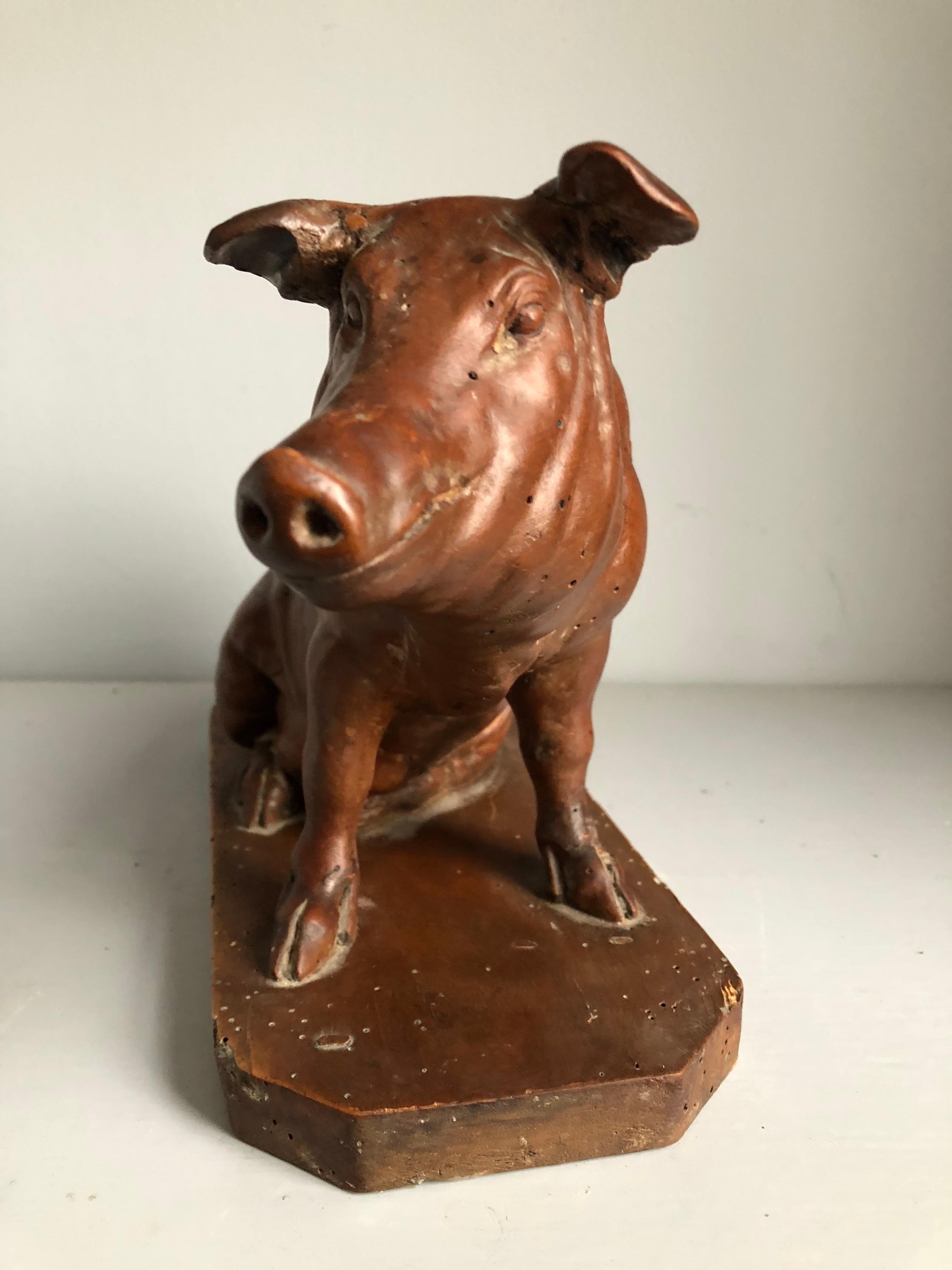 French Provincial French Carved Wood Pig Sculpture, 19th Century