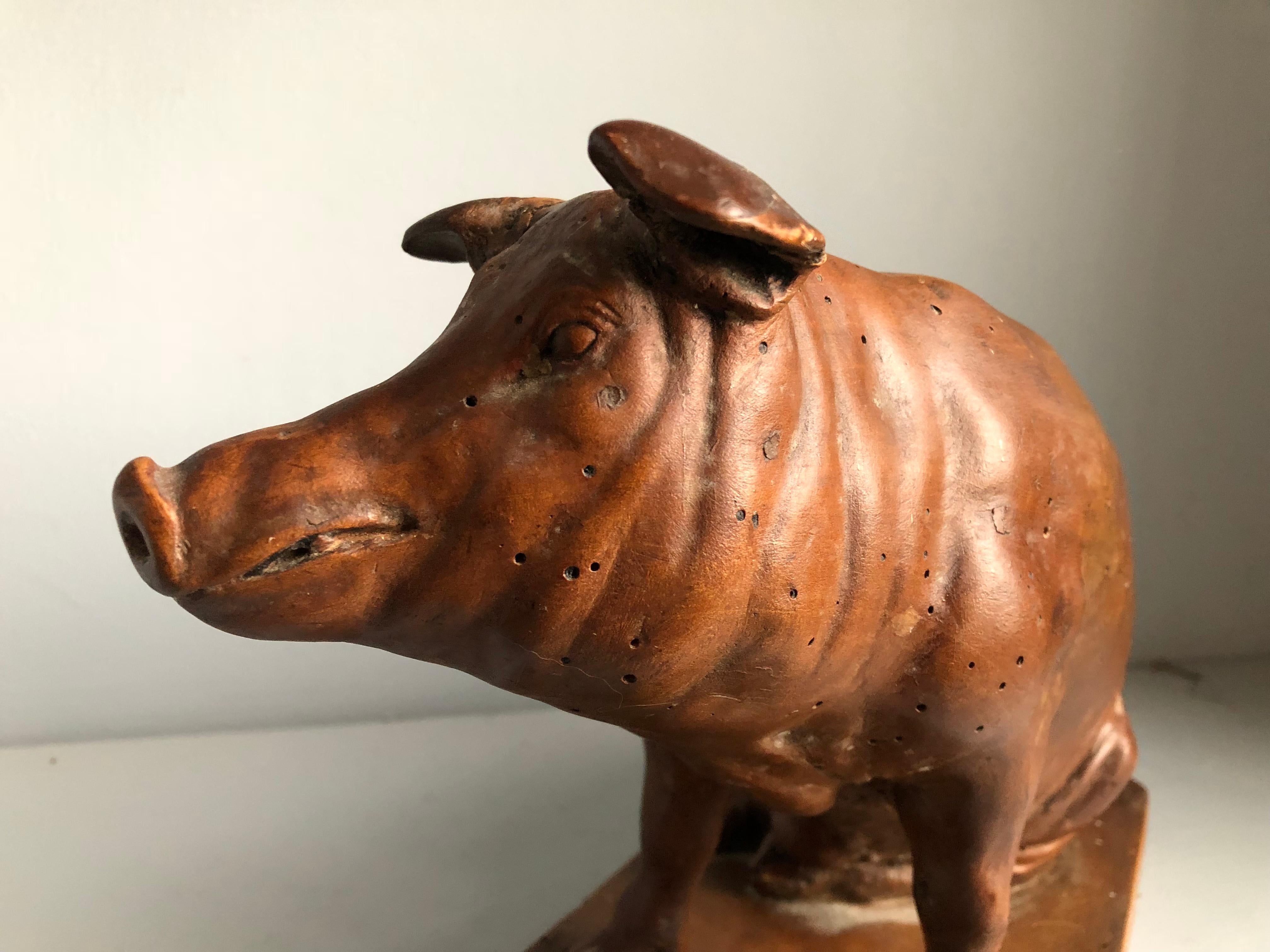 Fruitwood French Carved Wood Pig Sculpture, 19th Century