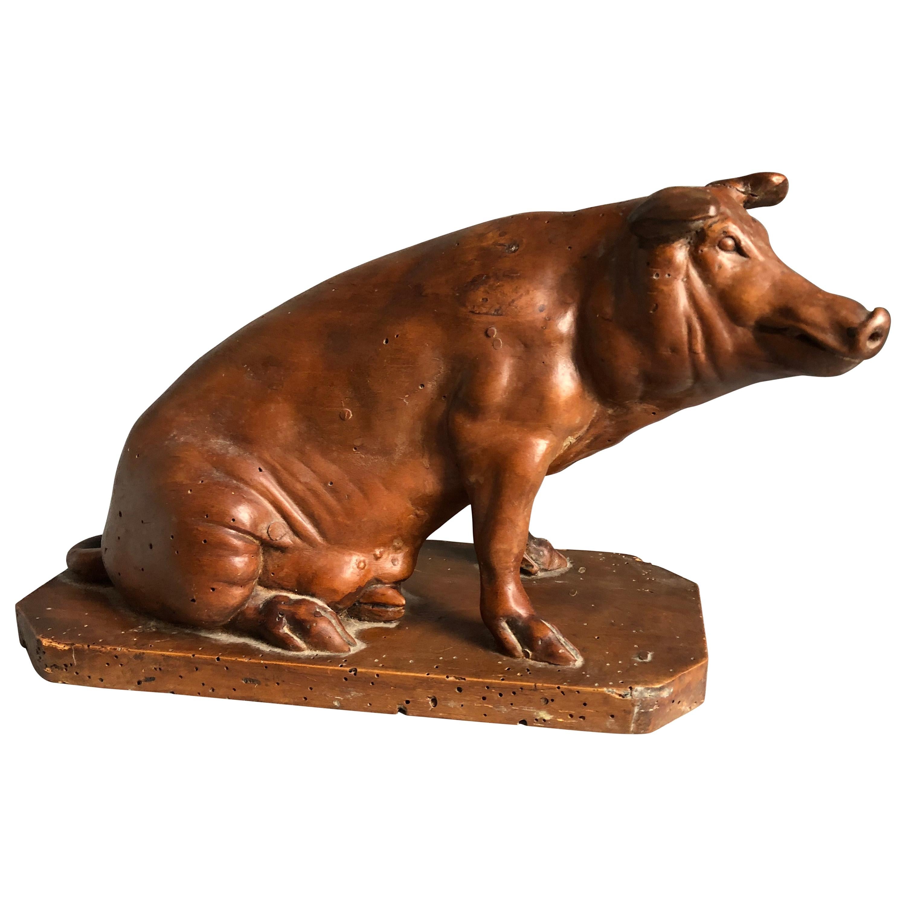 French Carved Wood Pig Sculpture, 19th Century