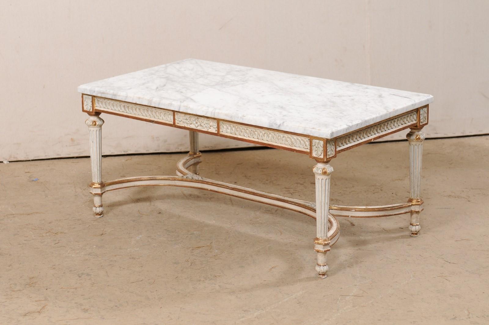 French Carved-Wood Rectangular Coffee Table w/Orig. White Marble Top, Mid 20th c For Sale 6