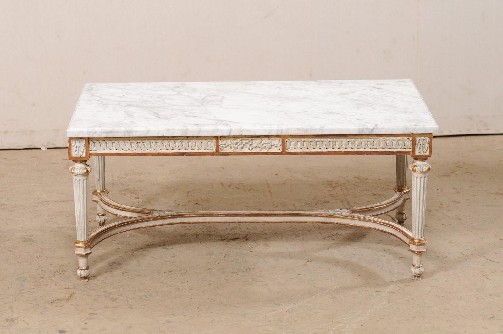 French Carved-Wood Rectangular Coffee Table w/Orig. White Marble Top, Mid 20th c For Sale 7