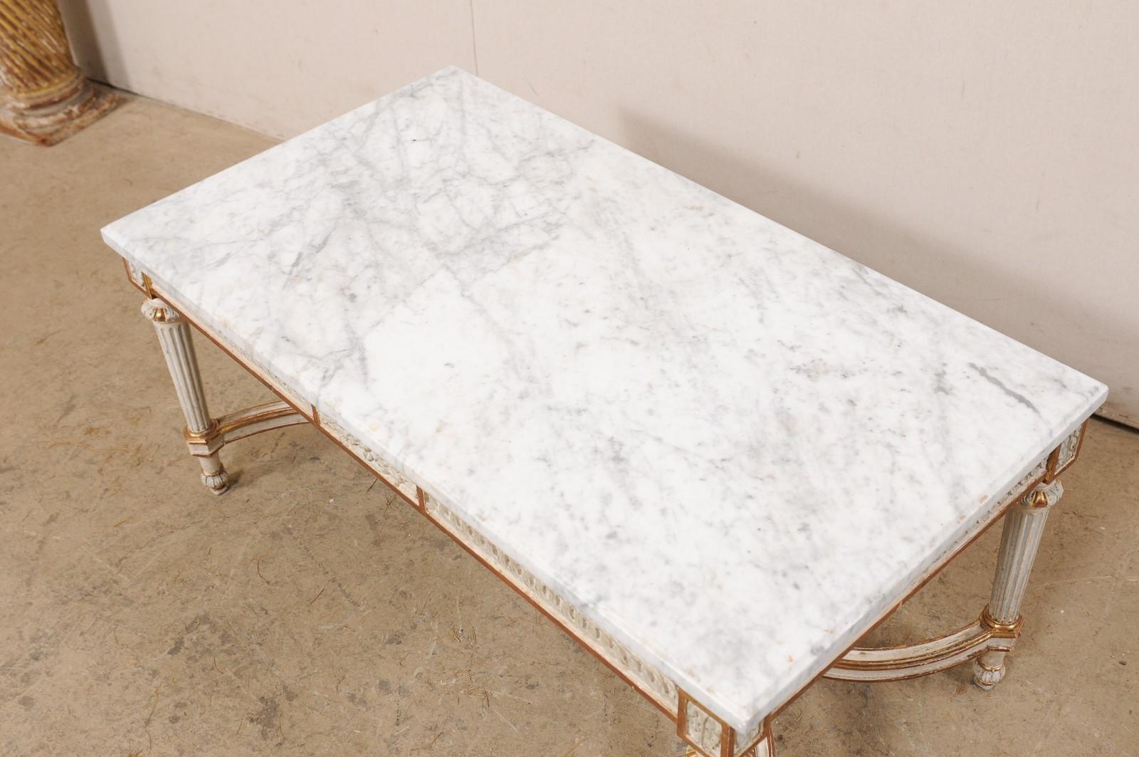 20th Century French Carved-Wood Rectangular Coffee Table w/Orig. White Marble Top, Mid 20th c For Sale