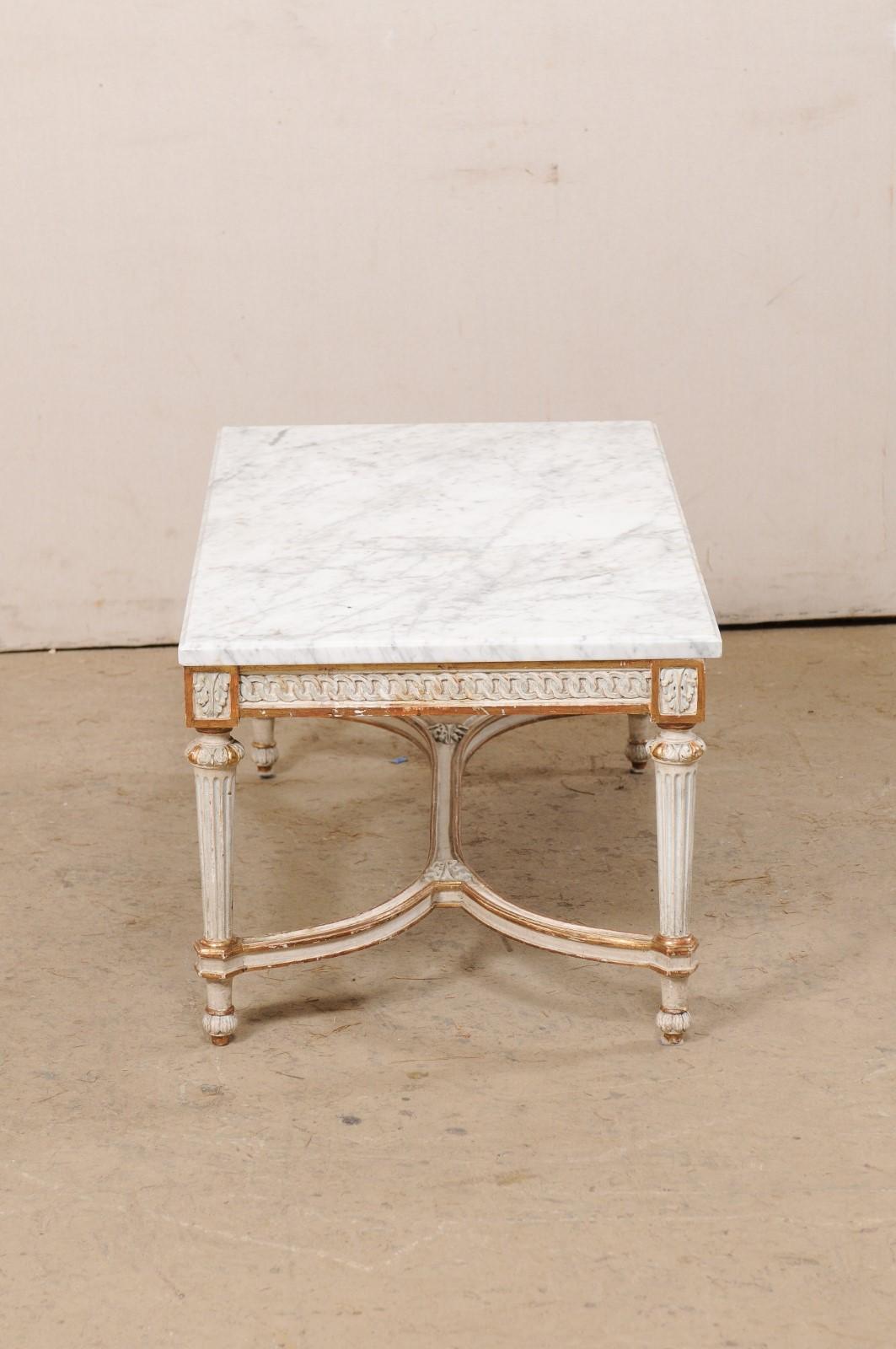 French Carved-Wood Rectangular Coffee Table w/Orig. White Marble Top, Mid 20th c For Sale 2