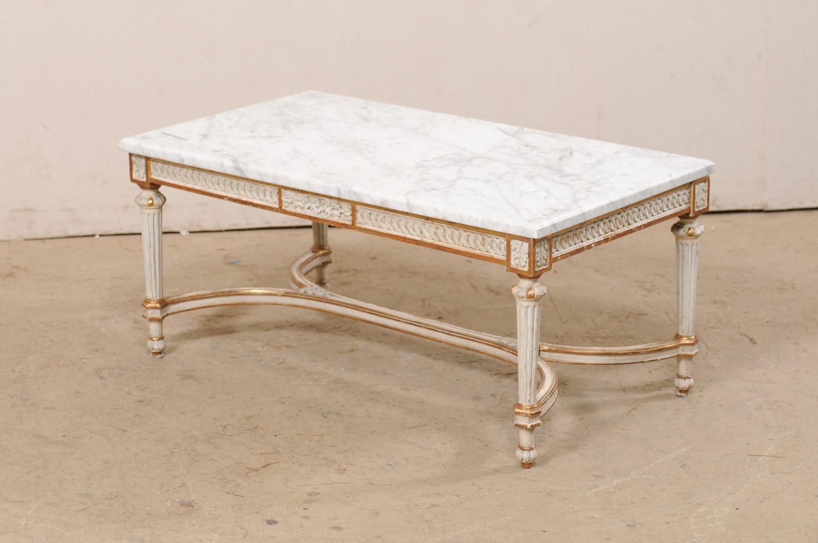 French Carved-Wood Rectangular Coffee Table w/Orig. White Marble Top, Mid 20th c 3