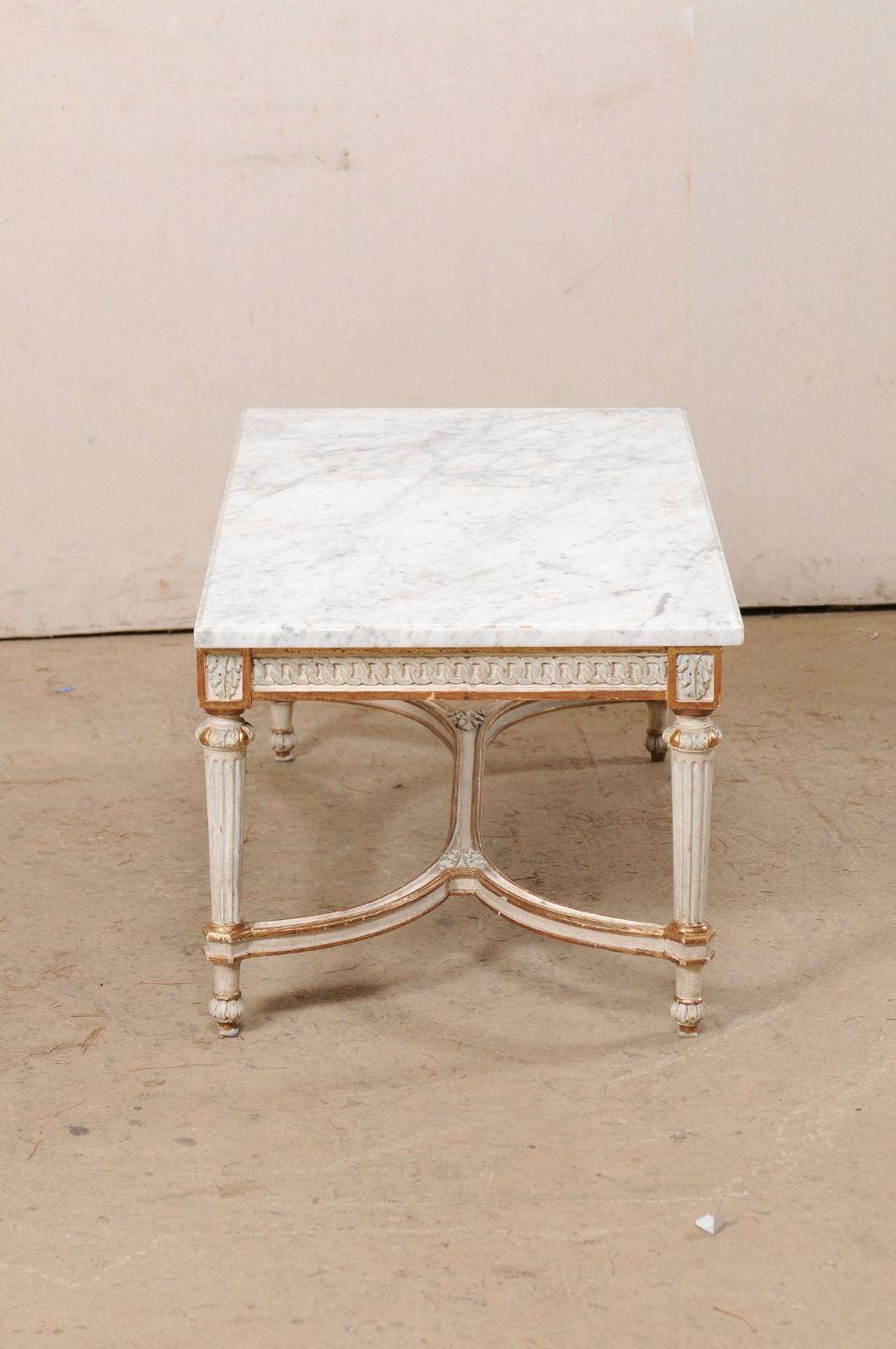 French Carved-Wood Rectangular Coffee Table w/Orig. White Marble Top, Mid 20th c For Sale 5